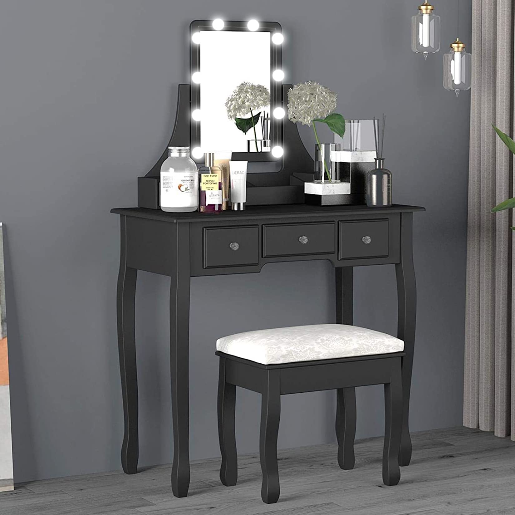 Black Makeup Vanity Table with LED Lights & 3 Drawers - Adjustable Brightness 3-Color Modes Dressing Desk with Lighted Mirror - Perfect for Bedroom, Salon & Home Beauty Station