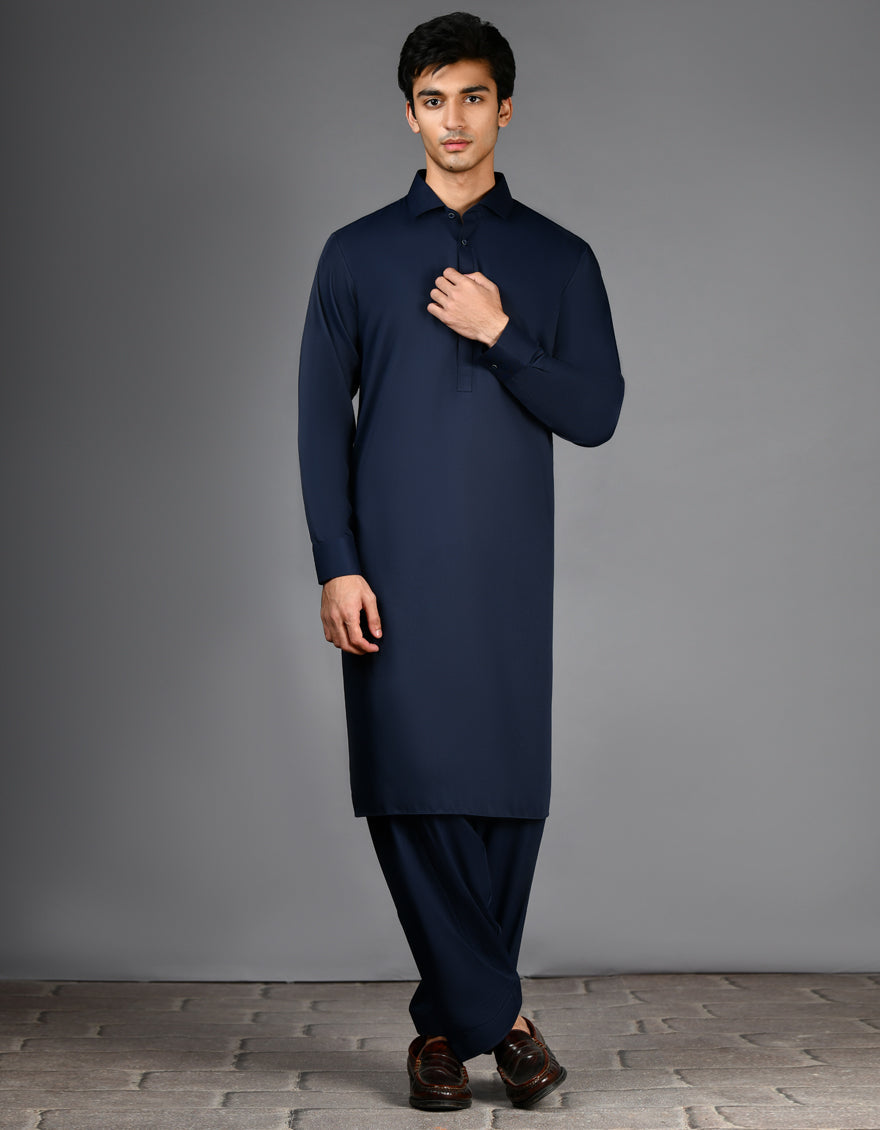 Elegant Navy Blue Blended Shalwar Kameez by J. Junaid Jamshed - Perfect for Weddings, Festivals & Special Occasions