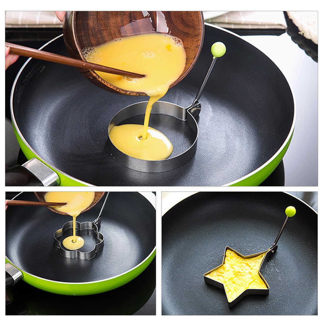 KXUSW 5-Piece Stainless Steel Pancake & Egg Mold Set - Non-Slip Omelette, Poached Egg & Pancake Shapers - Perfect for Breakfast, Brunch & Kids Cooking (5 Shapes)
