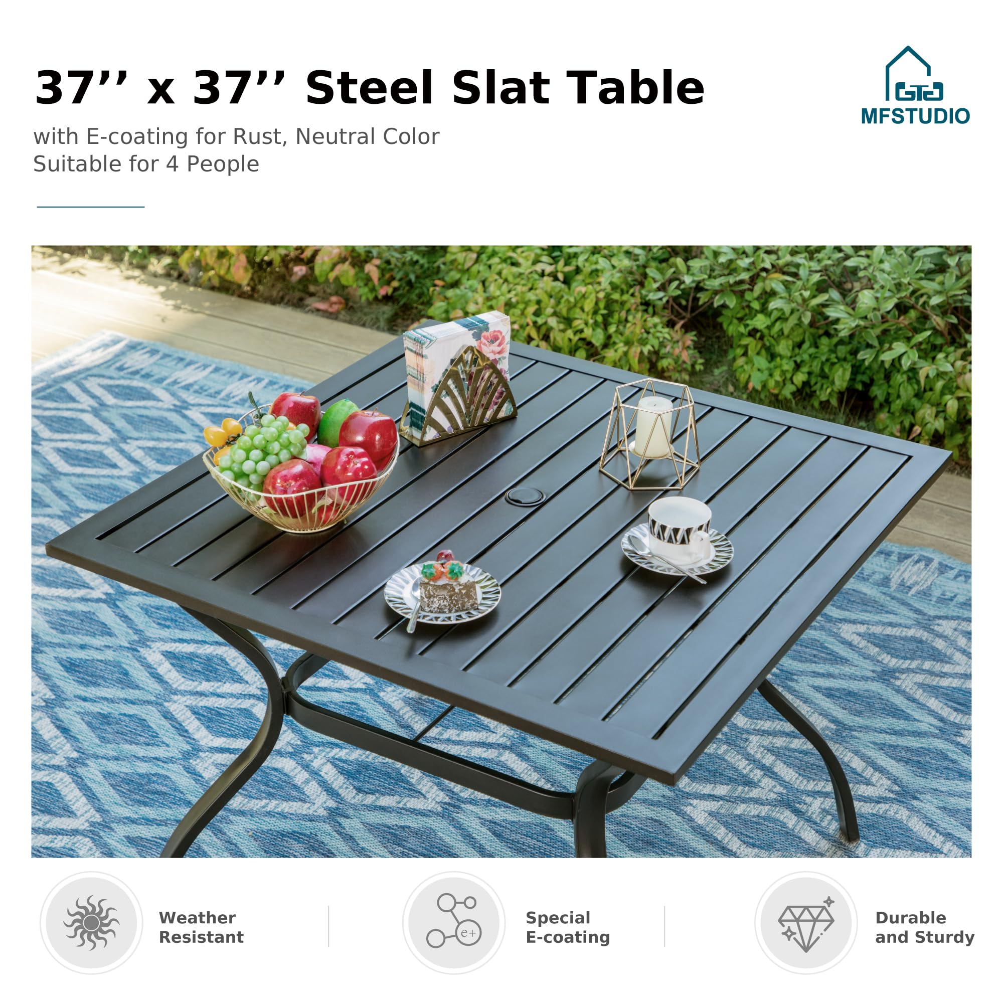 MFSTUDIO 6-Piece Outdoor Patio Dining Set for 4 with 10ft Umbrella - Square Wicker Table & Rattan Chairs - Weather-Resistant Garden Furniture for Backyard, Poolside, or Balcony (Orange Red)