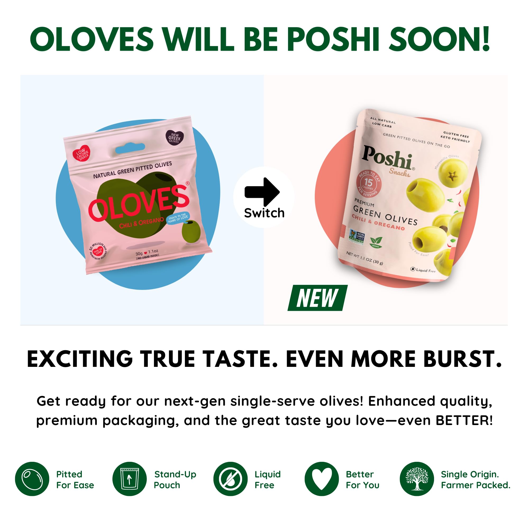 Poshi Green Pitted Olives with Chili & Oregano | Vegan, Kosher, Gluten-Free, Keto-Friendly Snacks | All Natural, Low-Calorie Healthy Snack (30 Pack, 1.1oz Bags) | Perfect for On-the-Go, Lunch Boxes & Party Platters