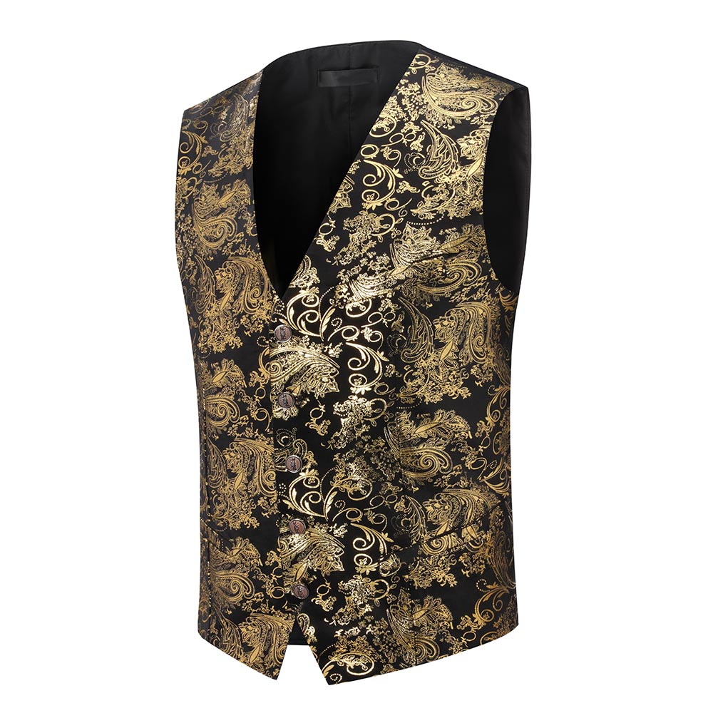 Stylish Single Breasted Slim Fit Printed Vest Waistcoat in Gold | Formal & Casual Wear for Men | Perfect for Weddings, Office & Evening Events