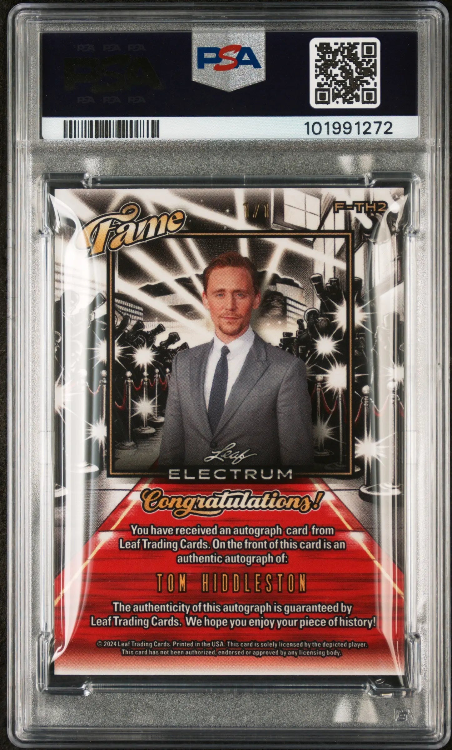 2024 Leaf Electrum Fame Autographs Green Tom Hiddleston PSA 9 1/1 - Rare Signed Trading Card for Collectors & Marvel Fans - Perfect for Display, Investment & Gifting