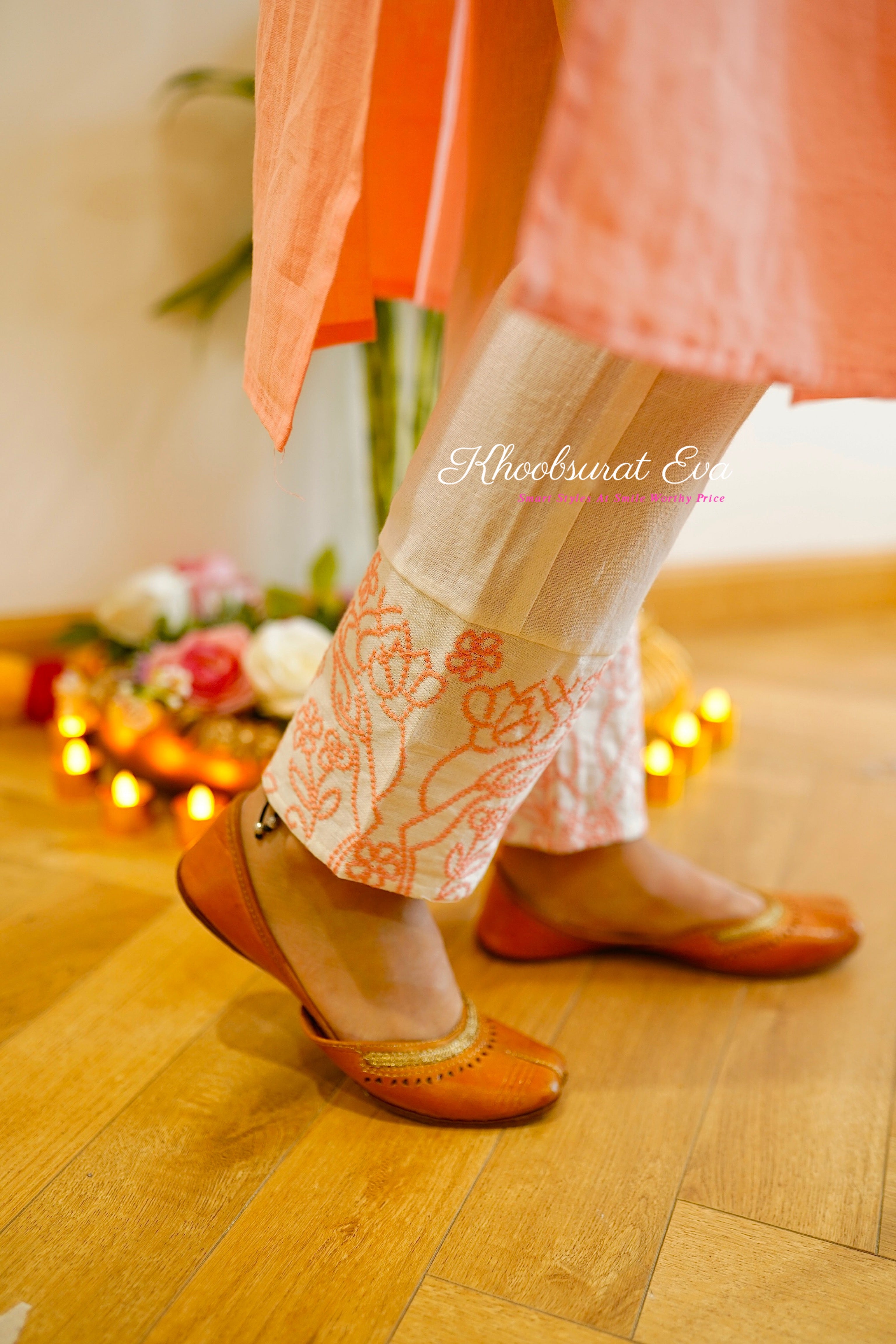 Peach and White Embroidered Kurta Set for Women | Traditional Indian Ethnic Wear | Perfect for Festivals, Weddings & Special Occasions