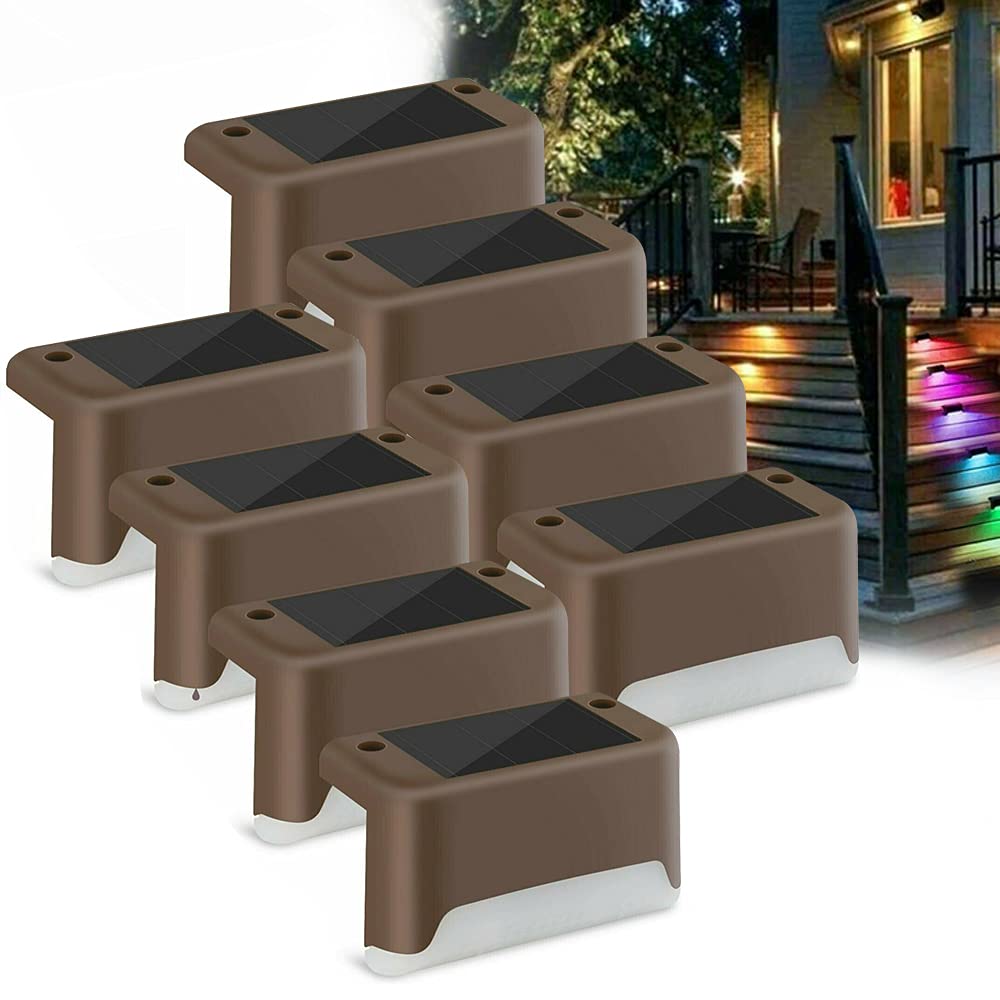 EROCK 8 Pack Solar Deck Lights - Waterproof LED Solar Step Lights for Outdoor Stairs, Decks, Patios, Yards, Pathways, Fences & Driveways - Warm White & Brown Solar Lamps for Nighttime Safety & Ambience