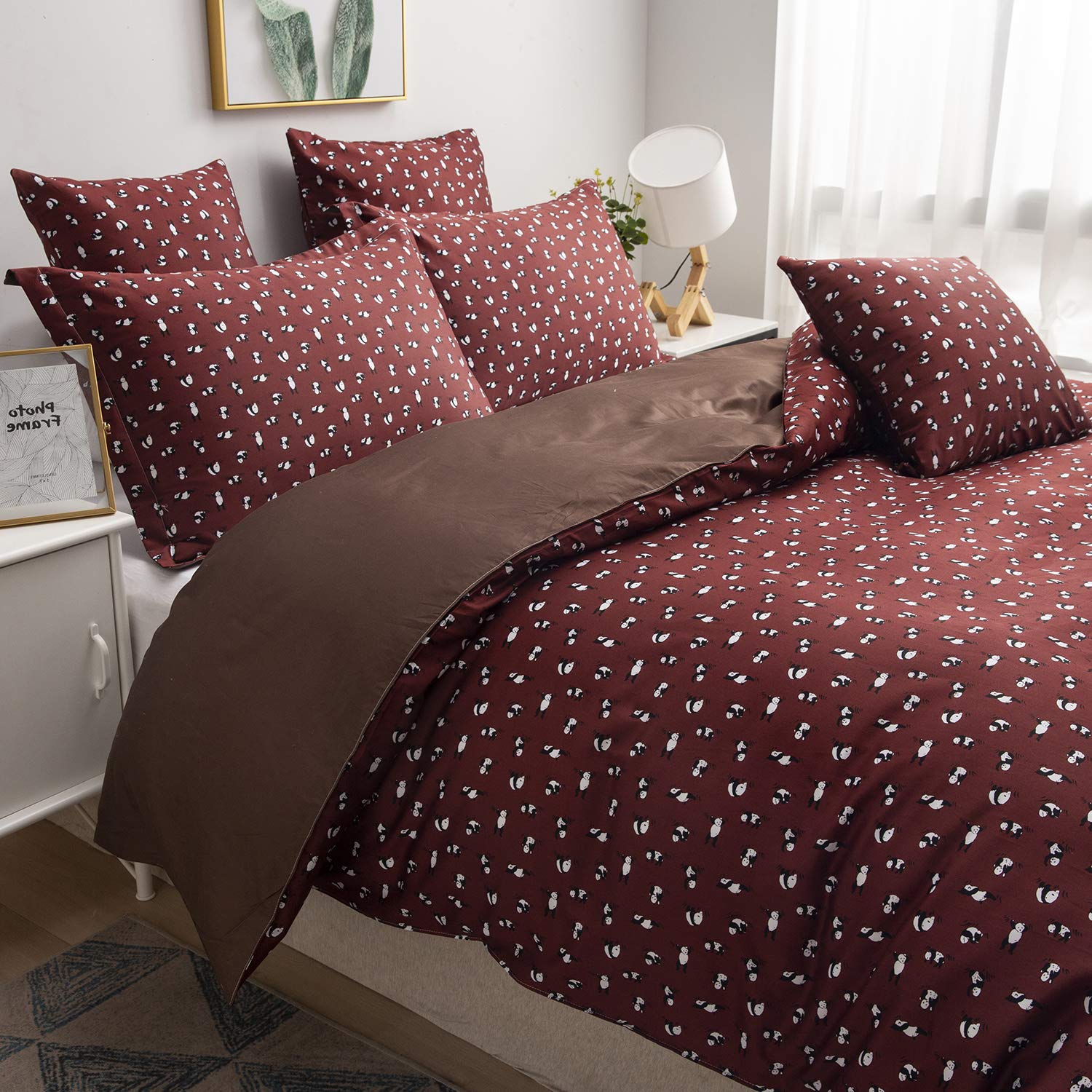 Softta 100% Egyptian Cotton Full Size 3-Piece Duvet Cover Set - Maroon Brown Vintage Boho Bedding with Cute Panda Pattern | Retro Bedroom Decor for Modern Homes