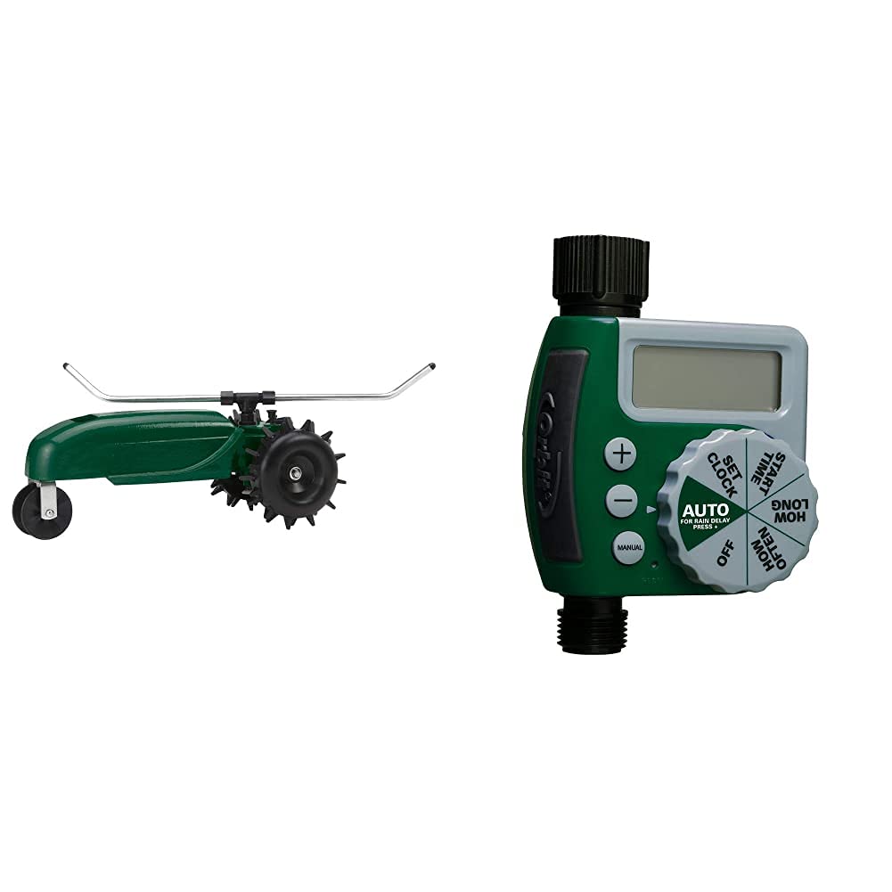 Orbit 58322 Green Traveling Sprinkler with 62061Z Single-Outlet Hose Water Timer - Perfect for Lawn, Garden & Yard Watering System | Automatic Irrigation Solution for Home & Outdoor Use