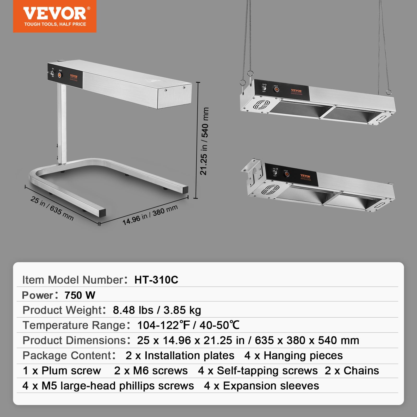 VEVOR 750W Commercial French Fry Warmer - Stainless Steel Electric Food Heating Lamp with Adjustable Temperature 104-122°F - Perfect for Chip Buffet, Restaurant Kitchen Countertop & Fast Food Service Stations - Silver