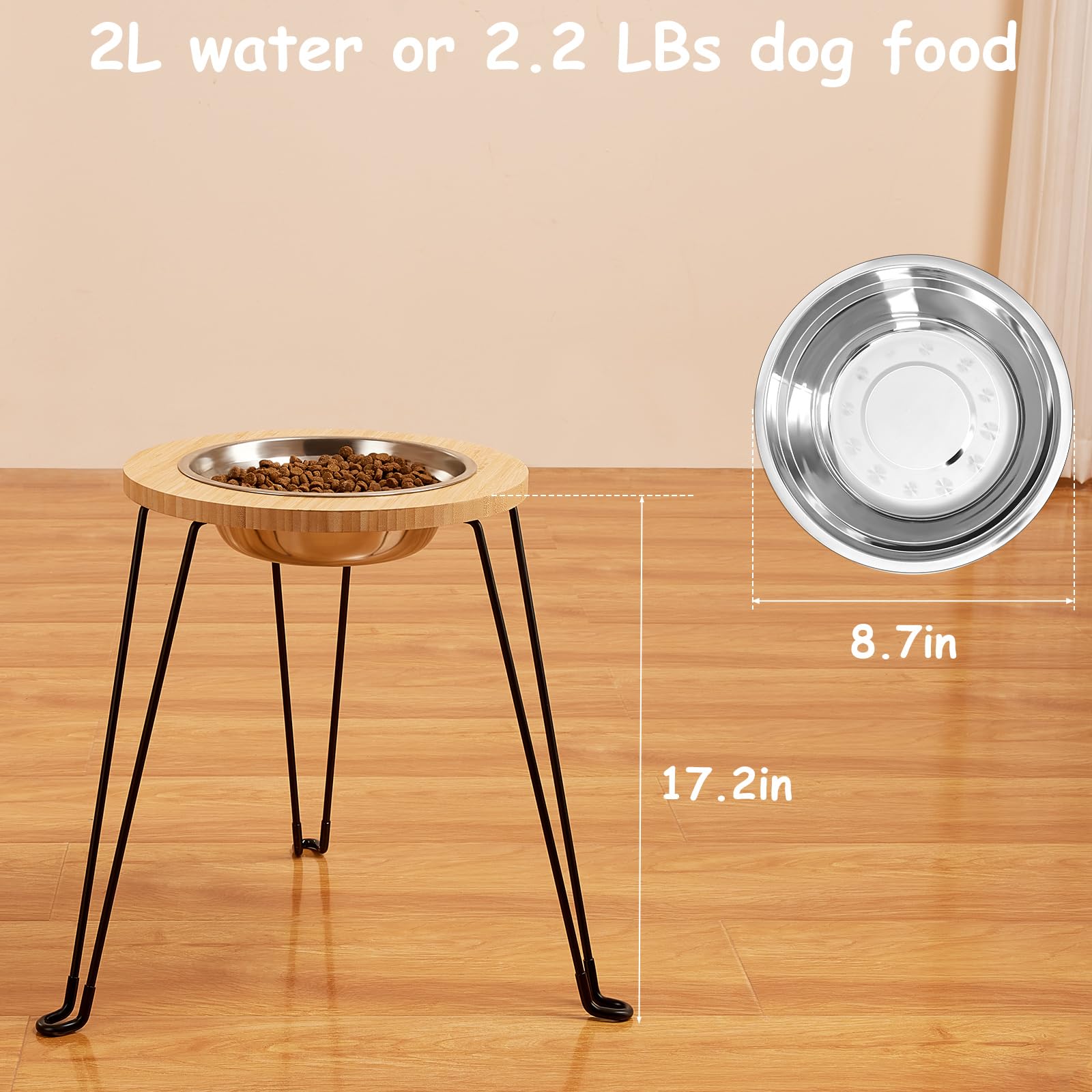 Yangbaga Elevated Dog Bowl Stand for Large Dogs - 16.3 Inch Height with 2L Stainless Steel Bowl (Holds 2.2LBs Food) - Perfect for Joint Health & Comfort During Mealtime