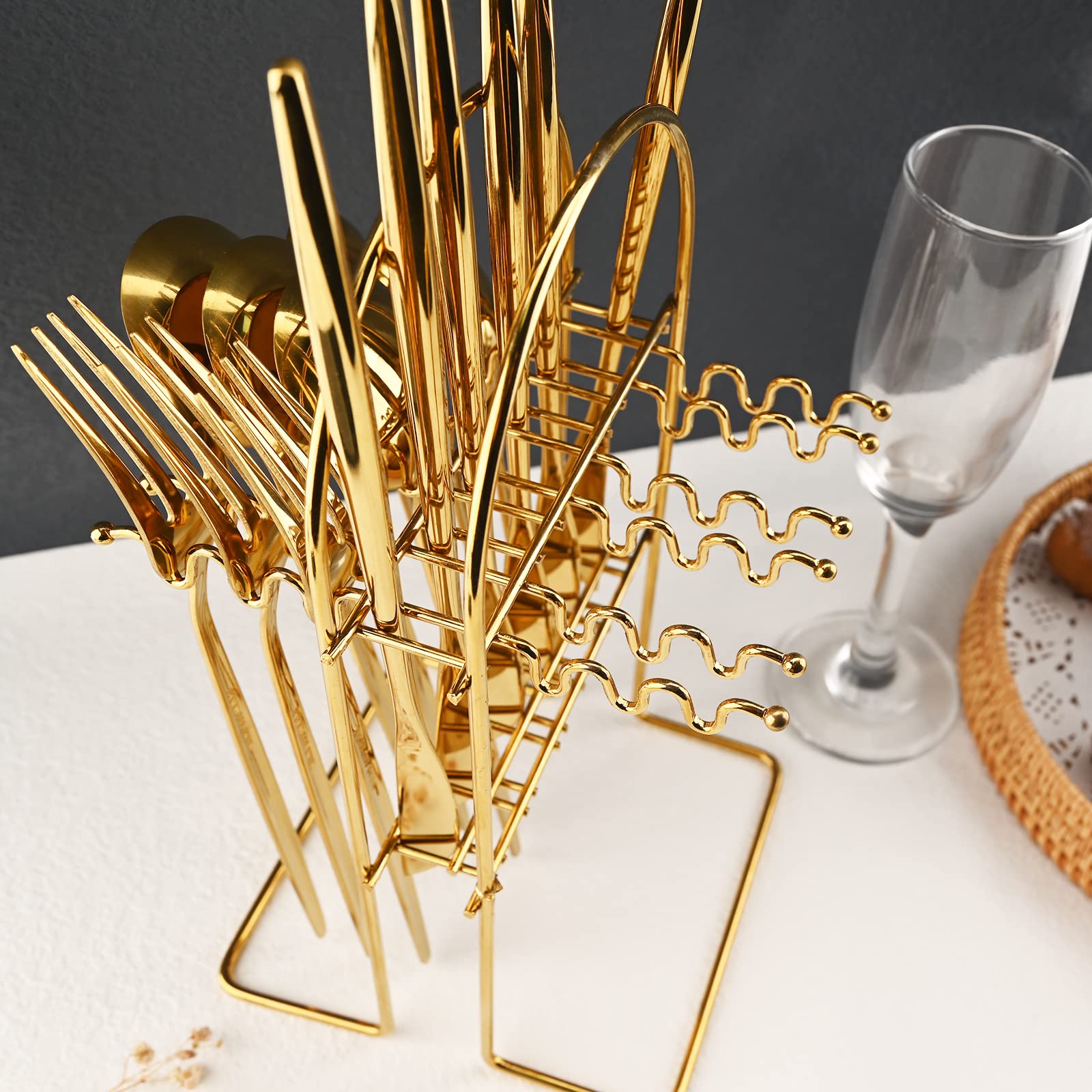 JASHII 24-Piece Stainless Steel Flatware Set - Pink & Gold Plated Forks & Spoons with Stand, Mirror Polished Cutlery Set for 6, Elegant Dining Tableware | Perfect for Wedding Gifts, Dinner Parties & Home Decor