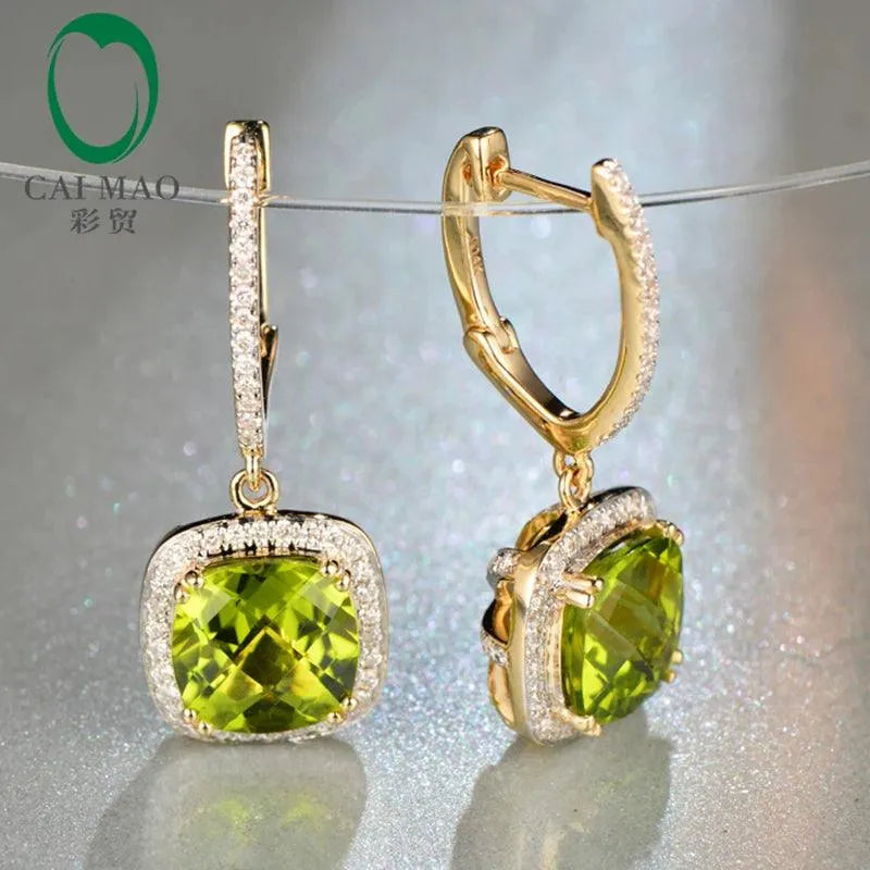 14K Yellow Gold Natural Flawless 4.30ct Cushion Cut Peridot Diamond Drop Earrings for Women - Elegant Engagement Jewelry Gift for Wedding, Anniversary & Special Occasions