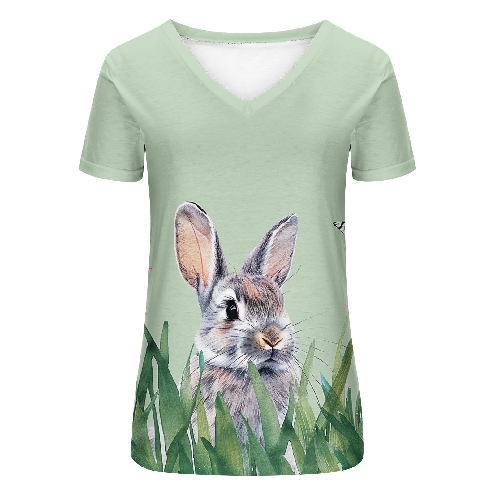Funny Easter Bunny Rabbit Face Graphic T-Shirt for Women - V-Neck Short Sleeve Tee - Cute Easter Day Outfit for Girls & Women - Perfect for Easter Parties, Egg Hunts & Spring Celebrations