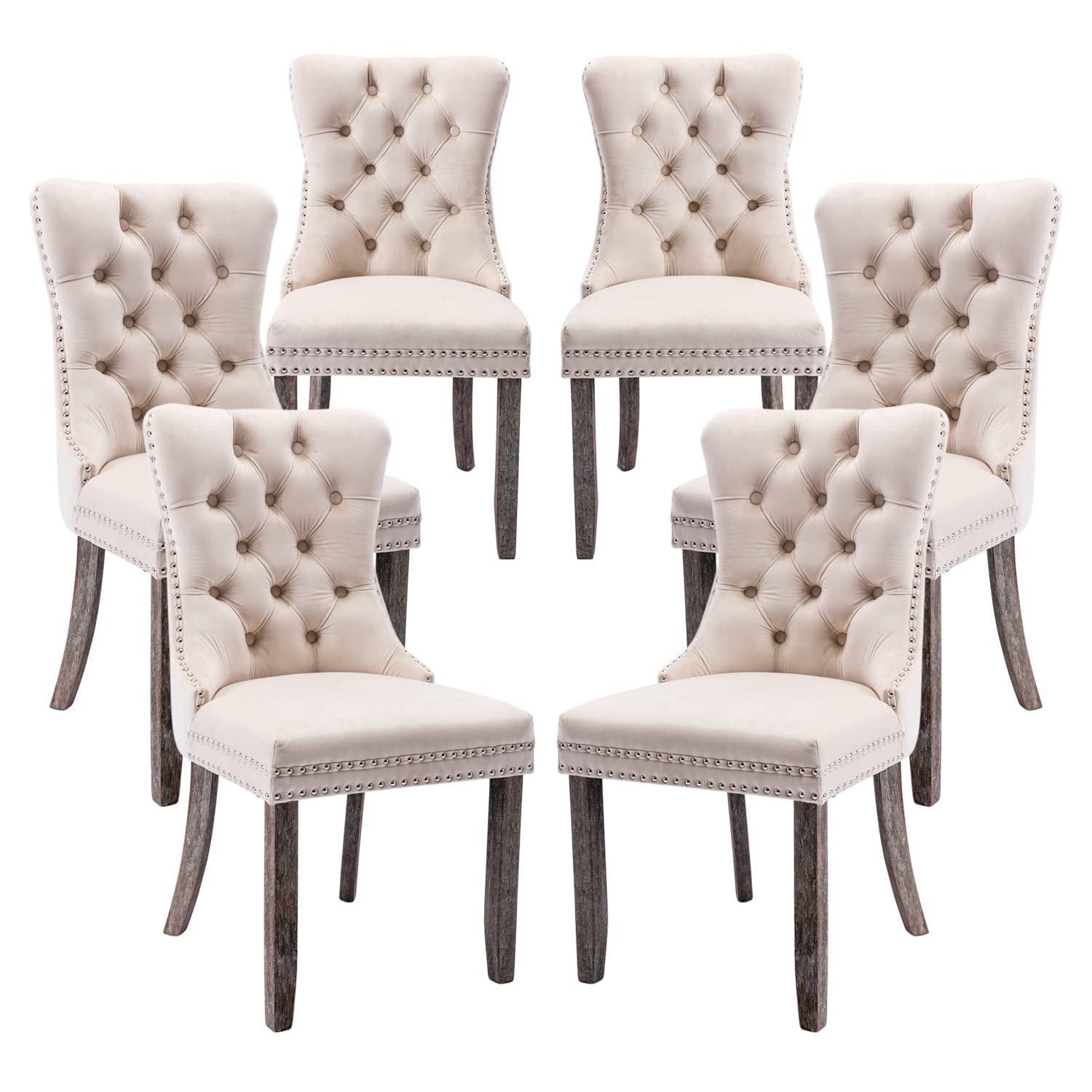 Luxury Velvet Dining Chairs Set of 6 - Tufted Button Back Upholstered Chairs with Nailhead Trim for Kitchen, Dining Room, Bedroom & Restaurant - Elegant Beige Seating for Home Decor & Entertaining