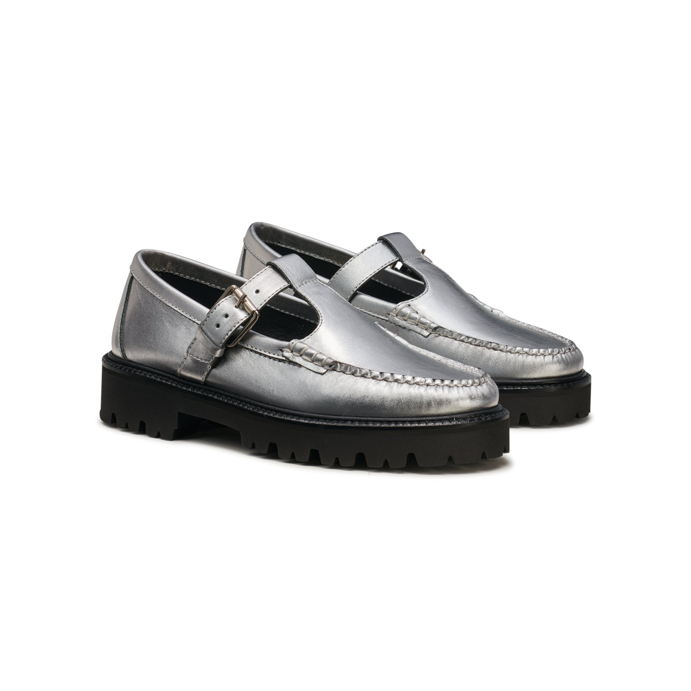 G.H. Bass Women's Mary Jane Super Lug Loafer Shoes - Silver Metallic Comfortable Slip-On Flats for Work, Office & Casual Outfits