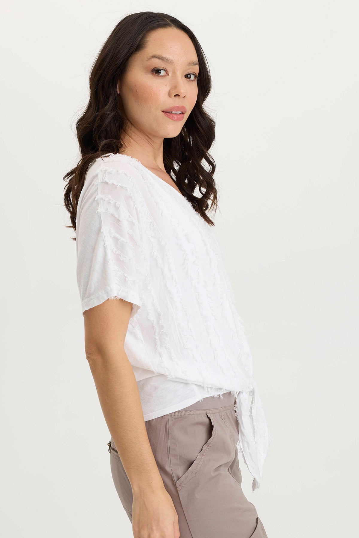 Curine Striped Voile & Jersey Knotted V-Neck Top for Women | Casual Summer Blouse for Beach, Party & Everyday Wear