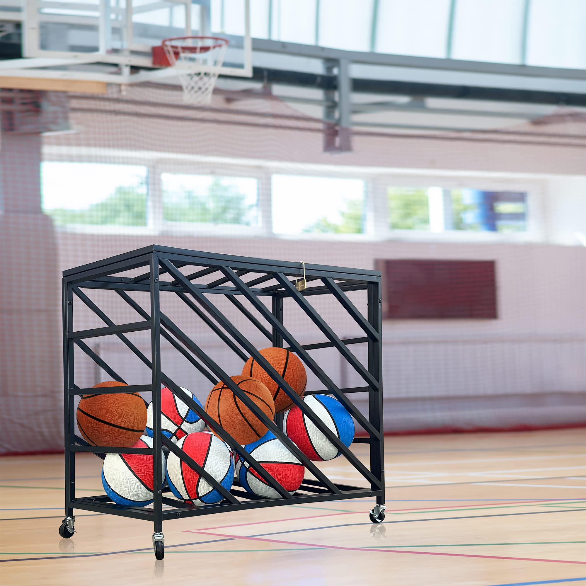 Lockable Rolling Ball Storage Cart with Wheels - Heavy Duty Indoor/Outdoor Sports Ball Locker Cage for Basketballs, Soccer Balls & Gym Equipment - Holds 30+ Balls - Perfect for School Gyms, Sports Facilities & Home Storage