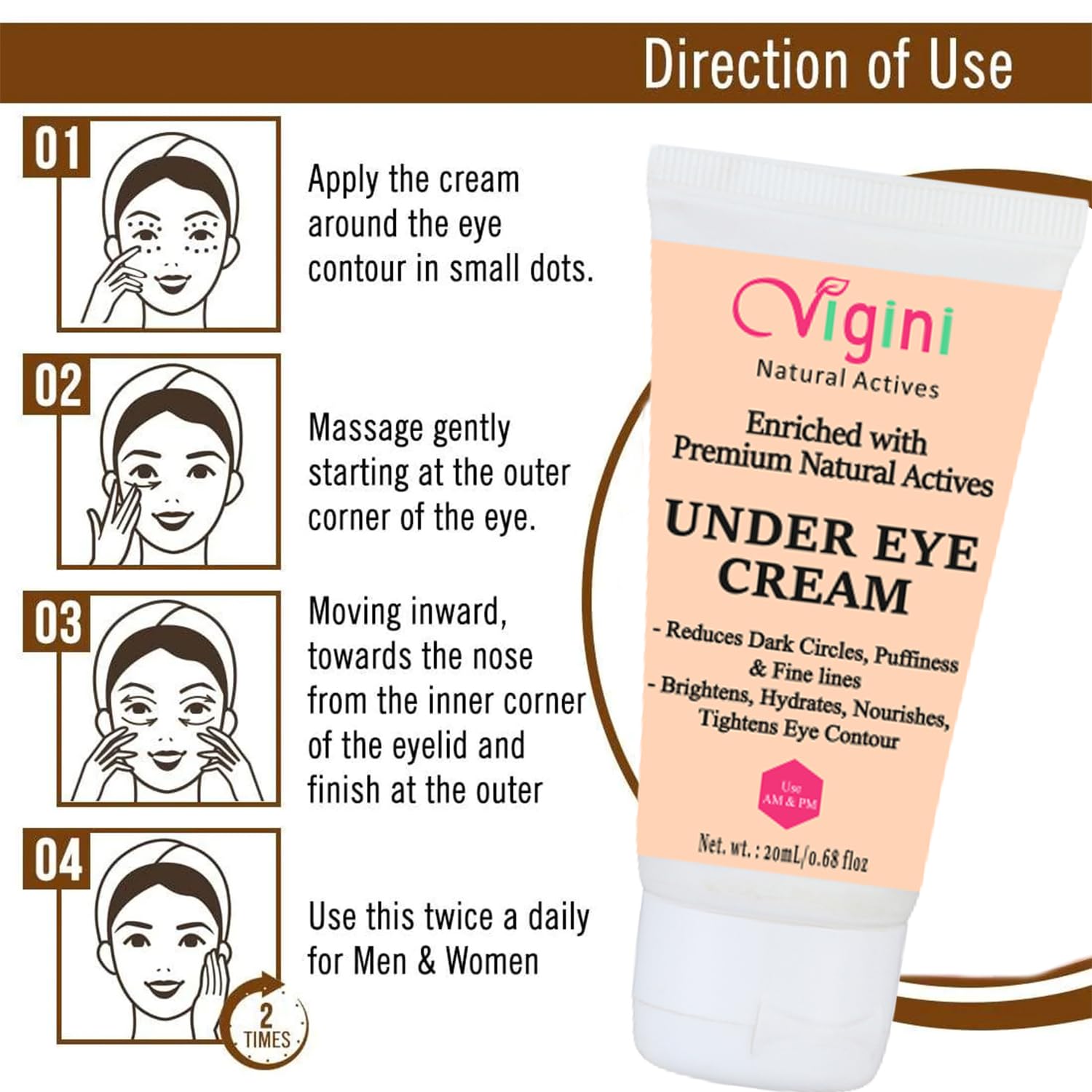 Vigini Under Eye Gel Cream for Dark Circles, Wrinkles & Puffiness - 20g Retinol Coffee Eye Treatment with Hyaluronic Acid & Vitamin C - Anti-Aging Eye Cream for Women & Men - Reduce Fine Lines & Lift Puffy Eyes - Perfect for Night Routine & Travel Skincare