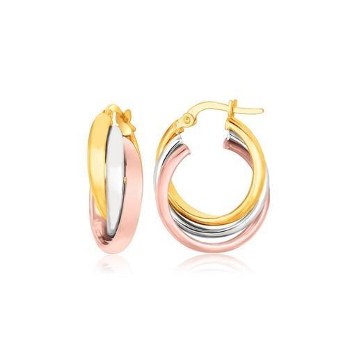 14K Tri-Color Gold Domed Tube Intertwined Earrings for Women - Elegant Stackable Hoop Earrings for Everyday Wear, Date Night & Special Occasions