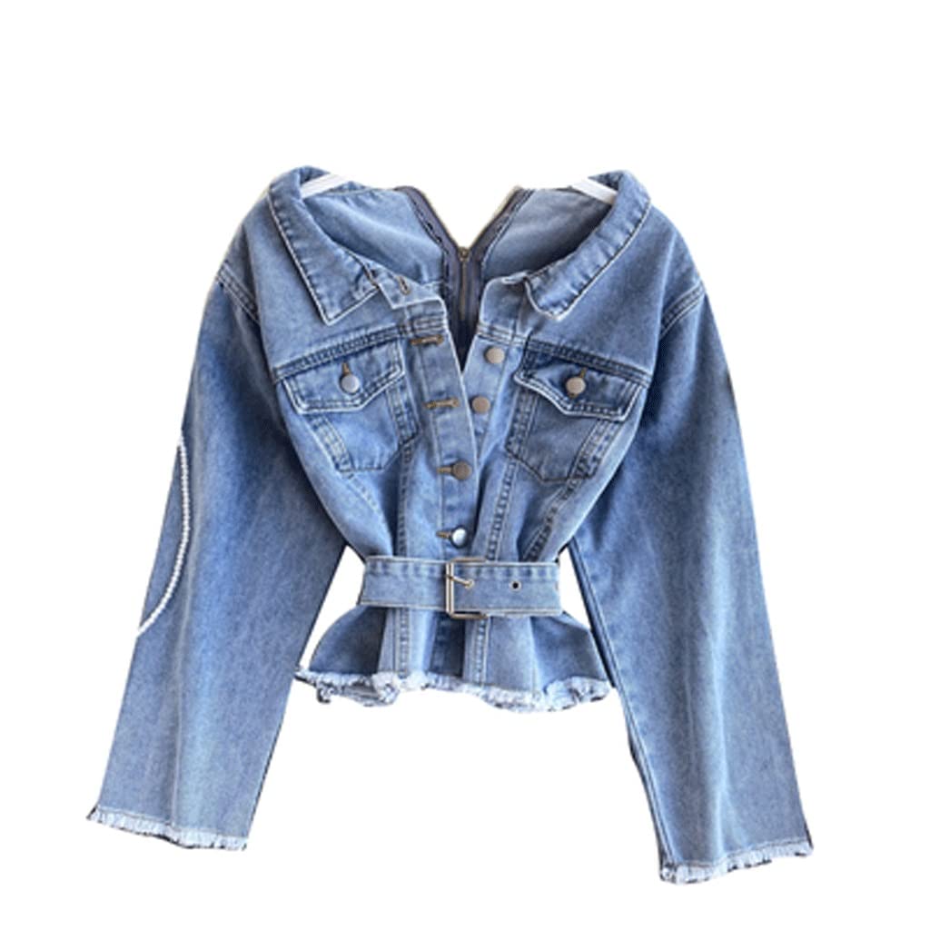 Slim Denim Jacket for Women - Turn Down Collar Long Sleeve Button Pocket Coat with Belt (Blue, One Size) | Casual Outfit, Streetwear, Spring/Fall Layering