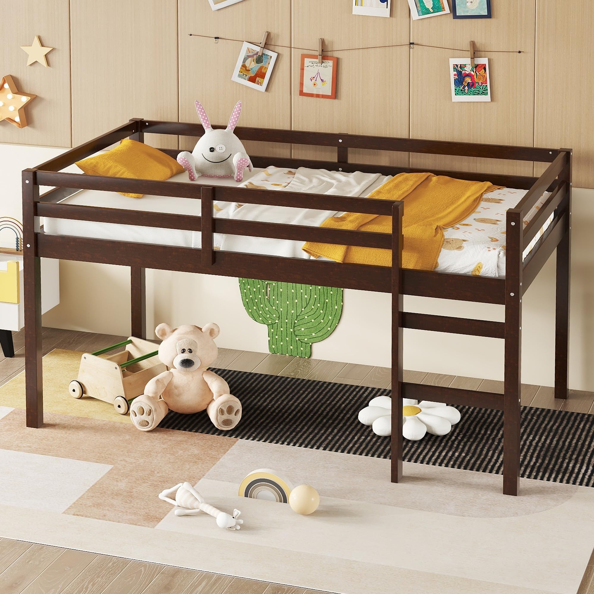 Bellemave Twin Size Wooden Loft Bed for Kids with Ladder - Low Bunk Bed in Espresso Finish - Perfect for Small Bedrooms, Dorm Rooms & Space-Saving Kids' Rooms
