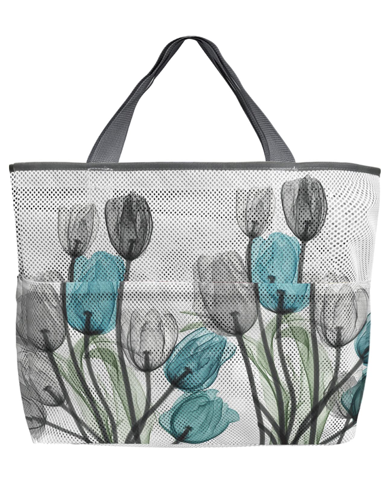 Mesh Beach Tote Bag - 60L Oversized Gray Teal Floral Design, Quick-Dry Swim Bag with Pockets, Foldable Lightweight for Pool, Beach & Grocery Shopping (24