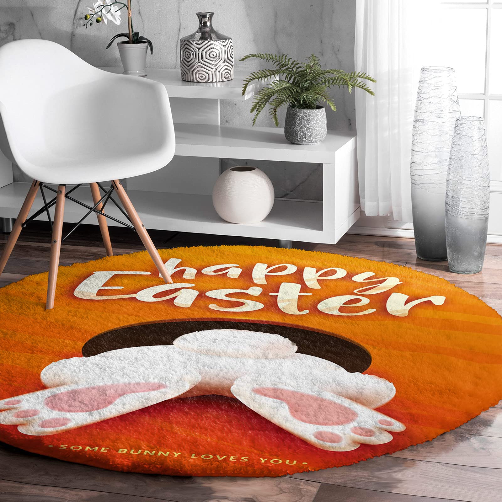 Easter Bunny Feet Tail Black Hole Art Round Fluffy Area Rug - 4' Diameter Soft Non-Slip Floor Carpet for Living Room, Bedroom, Apartment - Perfect for Easter Decor, Kids Room & Cozy Home Decor
