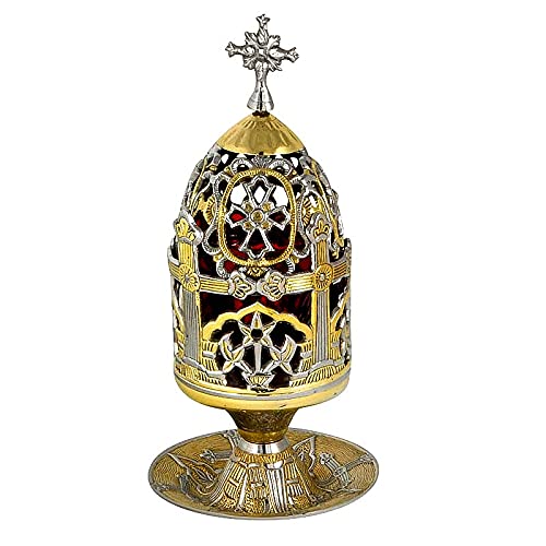 Hand-Painted Christian Brass Table Oil Vigil Lamp with Cross - Orthodox Prayer Standing Oil Candle with Glass Cup - Religious Home Decor for Church, Altar & Meditation Spaces