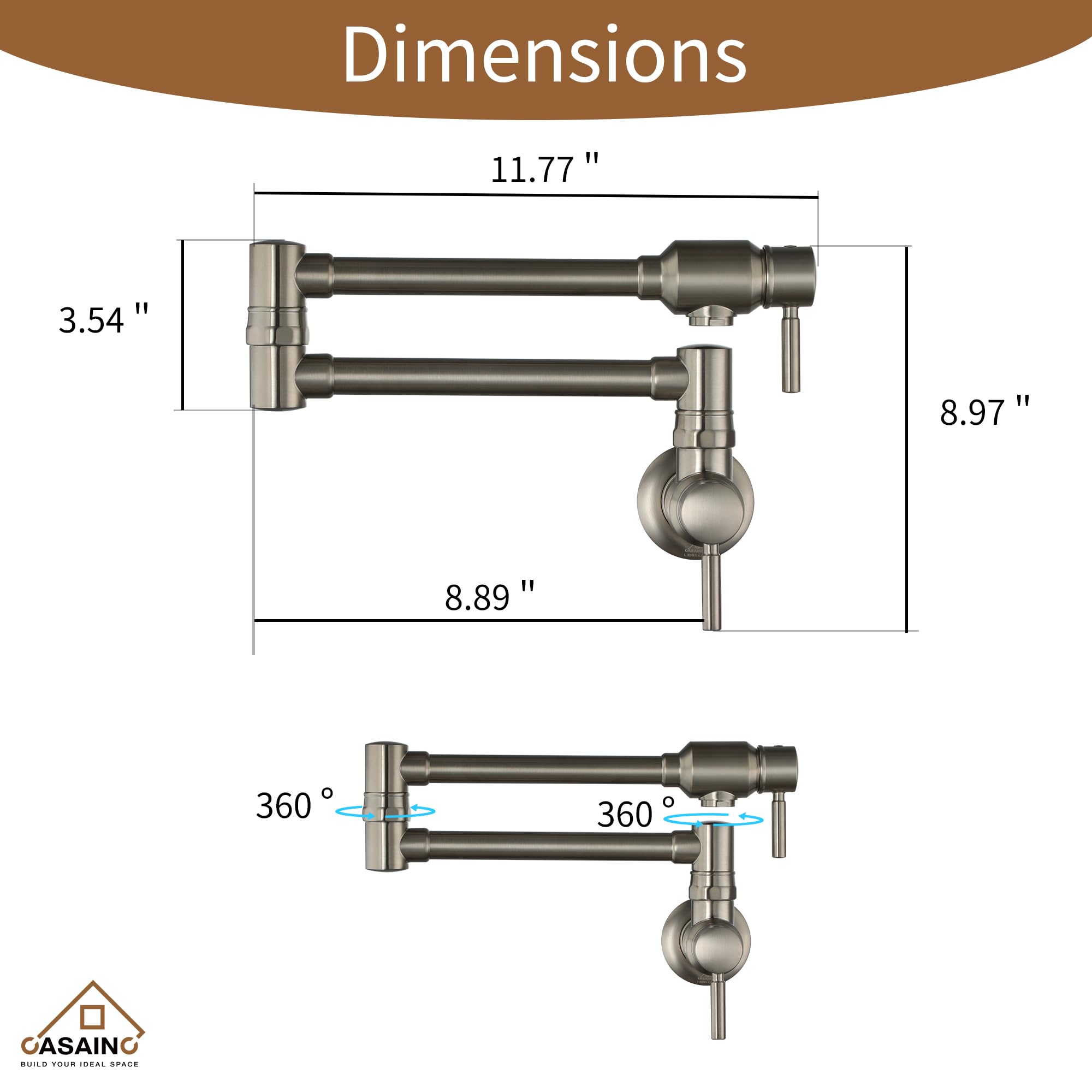 CASAINC Brushed Nickel Commercial Wall Mount Pot Filler Kitchen Faucet - Brass Swing Arm Stove Faucet with Double Joint for Easy Cooking | Perfect for Home Kitchens, Restaurants & Outdoor Cooking Stations