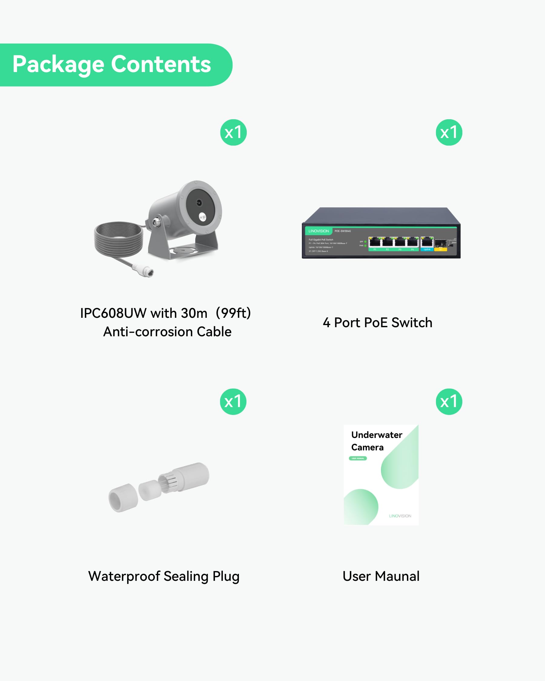 LINOVISION 4K Ultra HD Underwater Security Camera with Anti-Corrosion Coating - IP67 Waterproof POE Network Camera with Web GUI & Mobile App - Includes 4-Port POE Switch & 30m Underwater Cable - Ideal for Pool Monitoring, Marine Research & Underwater Inspection