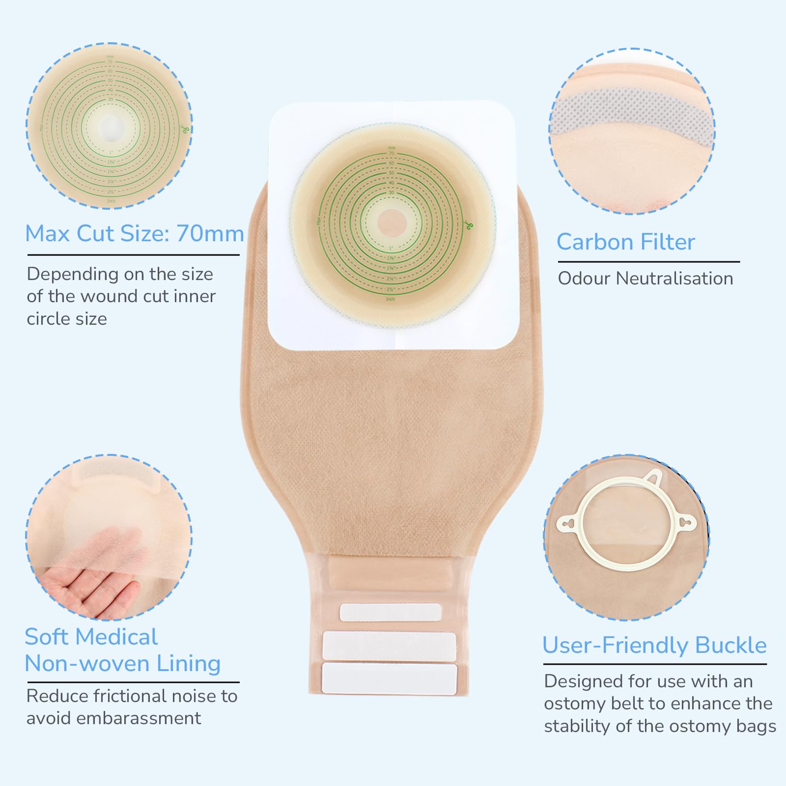 22-Piece Ostomy Supply Kit - 2-Piece Drainable Colostomy Bags with Closure for Ileostomy Stoma Care (16 Bags + 6 Skin Barriers) - Cut-to-Fit Up to 70mm - Ideal for Daily Use, Travel & Post-Surgery Recovery
