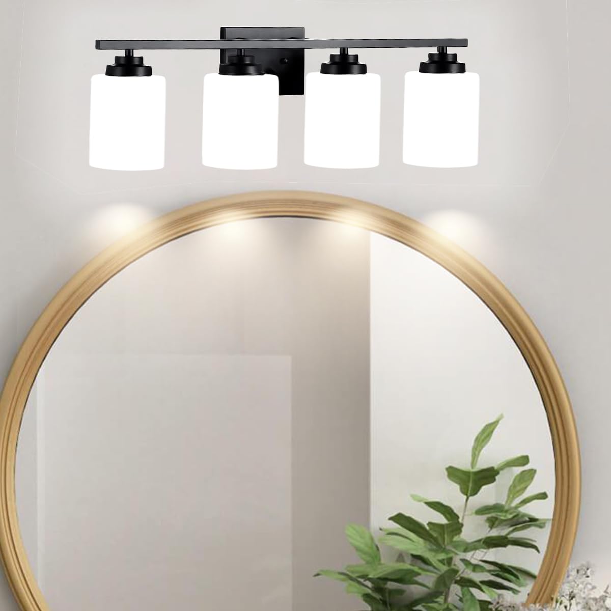 Black Bathroom Light Fixtures - 4-Light Rustproof Vanity Light, 27-Inch Modern Wall Mount Lighting with Milky White Glass, Standard E26 Base - Perfect for Bathroom Vanity, Living Room, and Bedroom Lighting