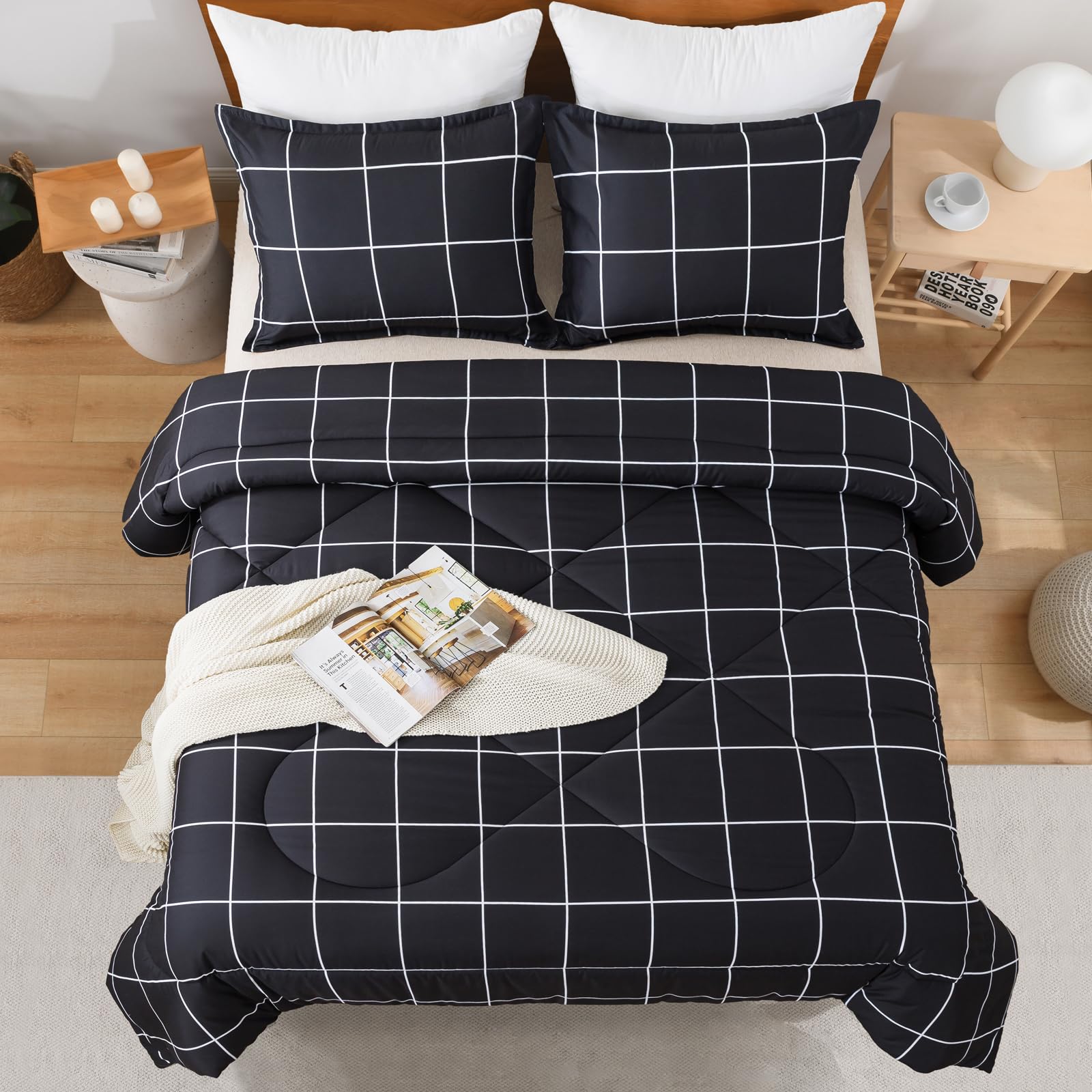 Andency Black Full Size 3-Piece Comforter Set - Plaid Grid Microfiber Bedding for Boys & Kids | All-Season Soft Lightweight Geometric Bedding Set | Perfect for Kids' Rooms, Dormitories & Guest Bedrooms