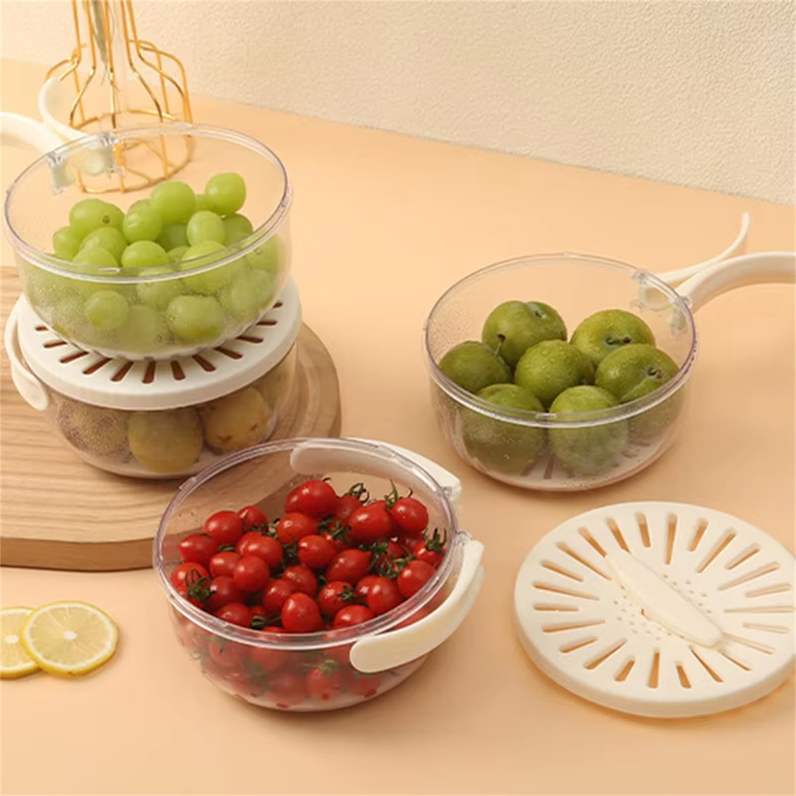 Multifunctional Fruit and Vegetable Washing Bowl with Lid - Foldable Handle Colander & Strainer for Kitchen | Food Prep, Salad Draining, Berry Washing | White (1-Pack)