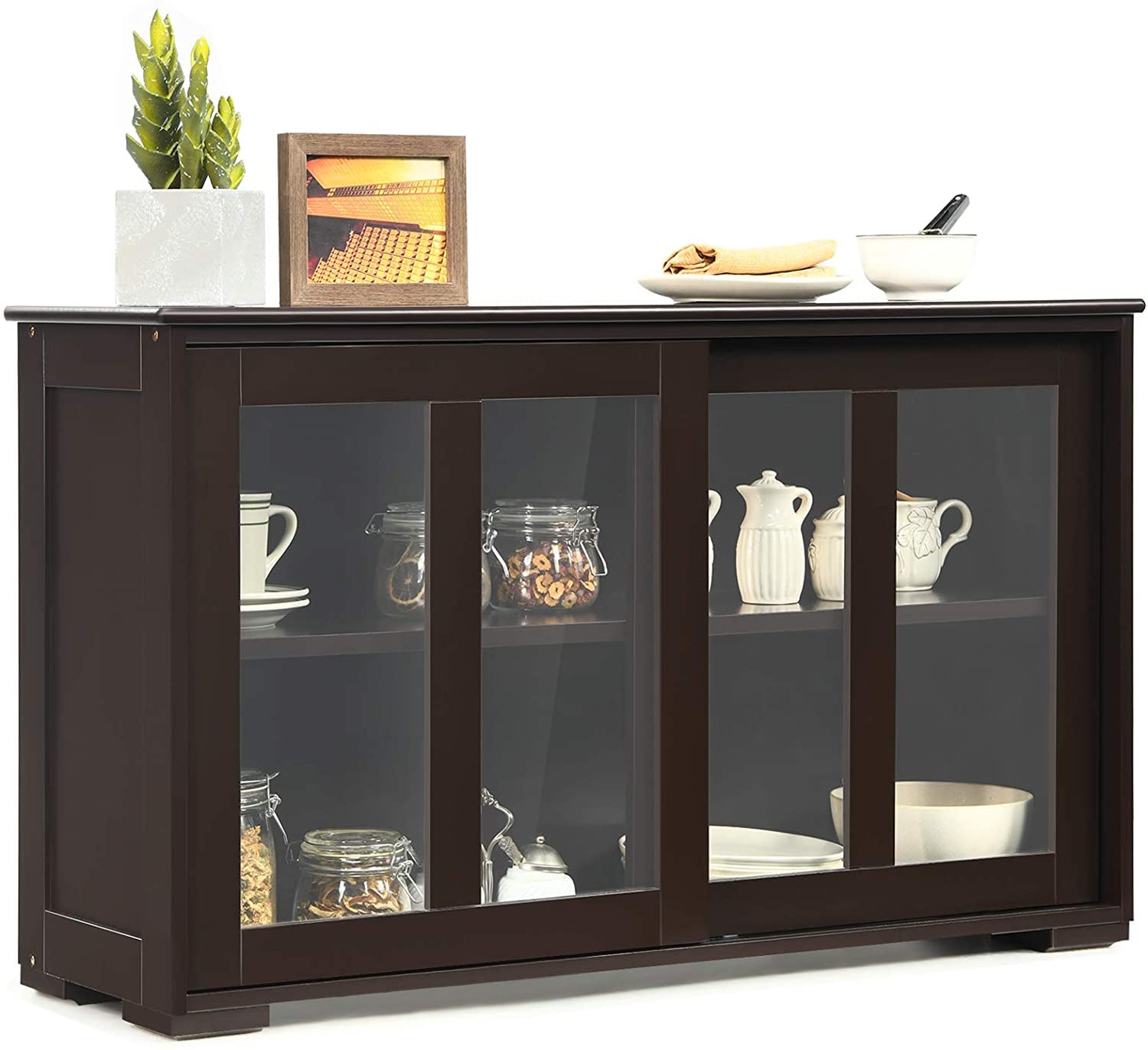 Stackable Sideboard Buffet Cabinet with Adjustable Shelf & Glass Sliding Doors - Wooden Credenza Storage Table for Kitchen, Dining Room, Living Room & Entryway - Perfect for Coffee Bar Setup, Home Organization & Stylish Storage Solutions