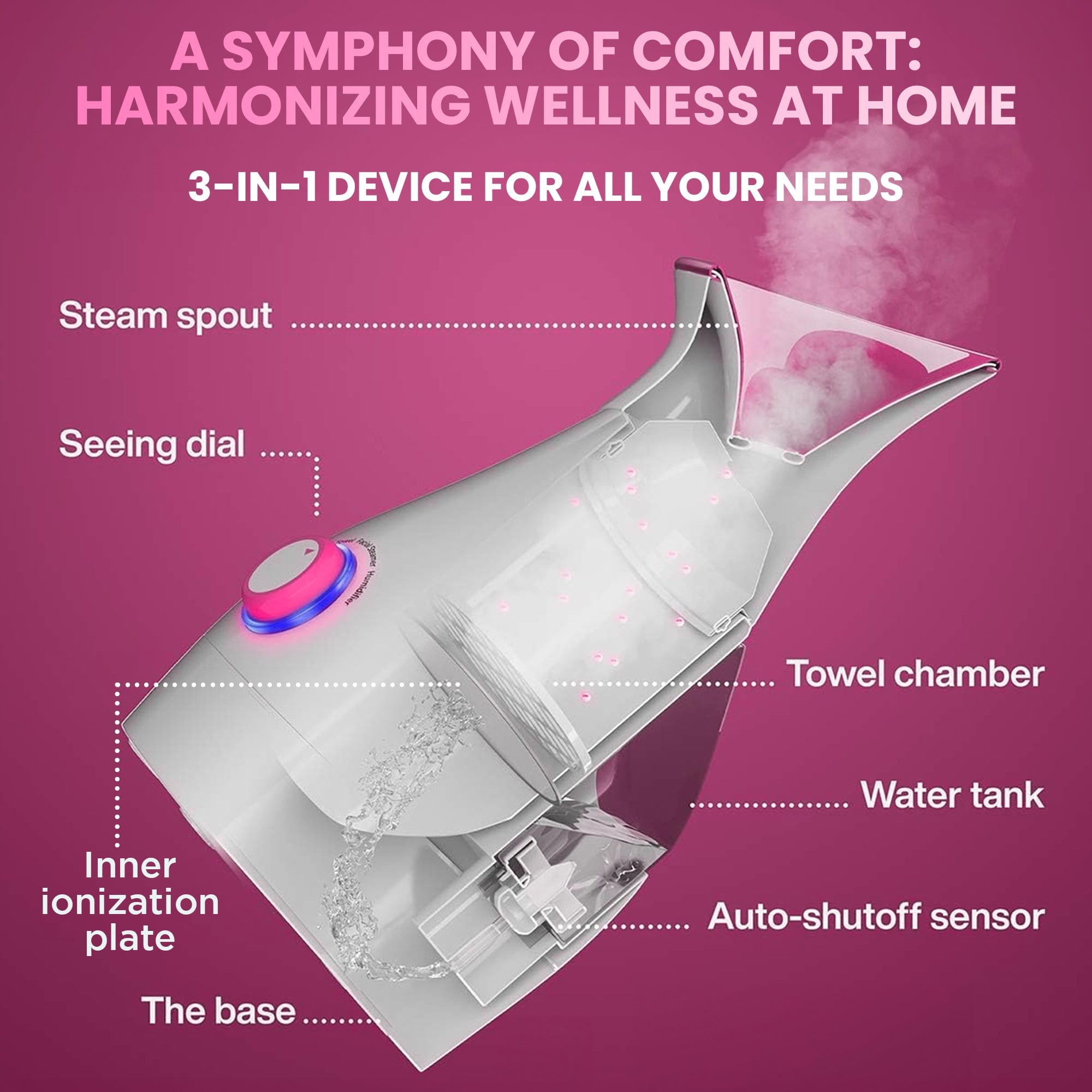 Dr Trust USA 3-in-1 Nano Ionic Facial Steamer & Vaporizer for Skin Care - Pink (Model 905) | Professional Facial Spa Treatment at Home for Hydration & Deep Cleansing