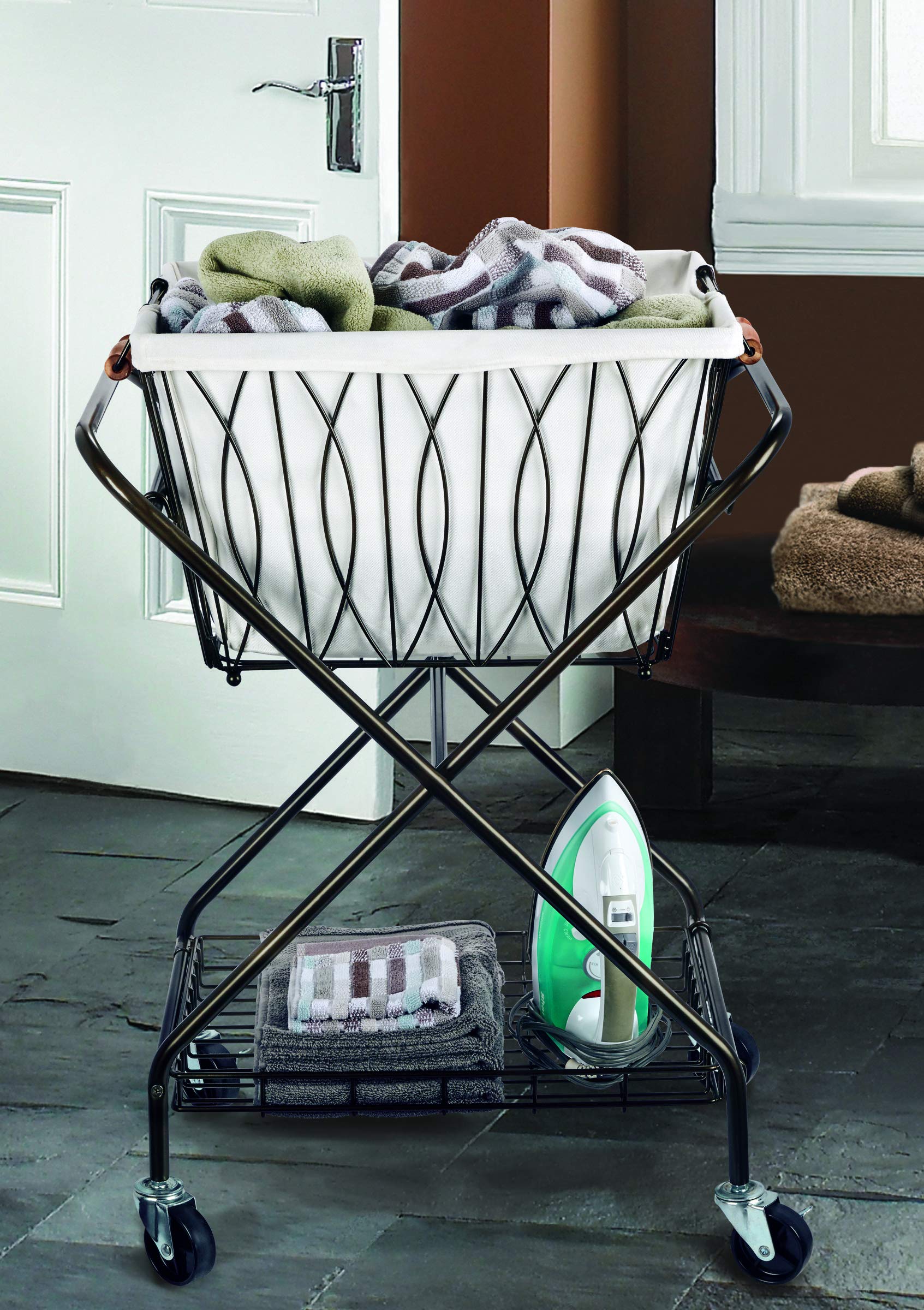Verona Collapsible Laundry Cart with Removable Basket & 2 Canvas Bags - Foldable Rolling Hamper for Bedroom, Closet, Dorm - Space Saving Storage Organizer (Bronze)