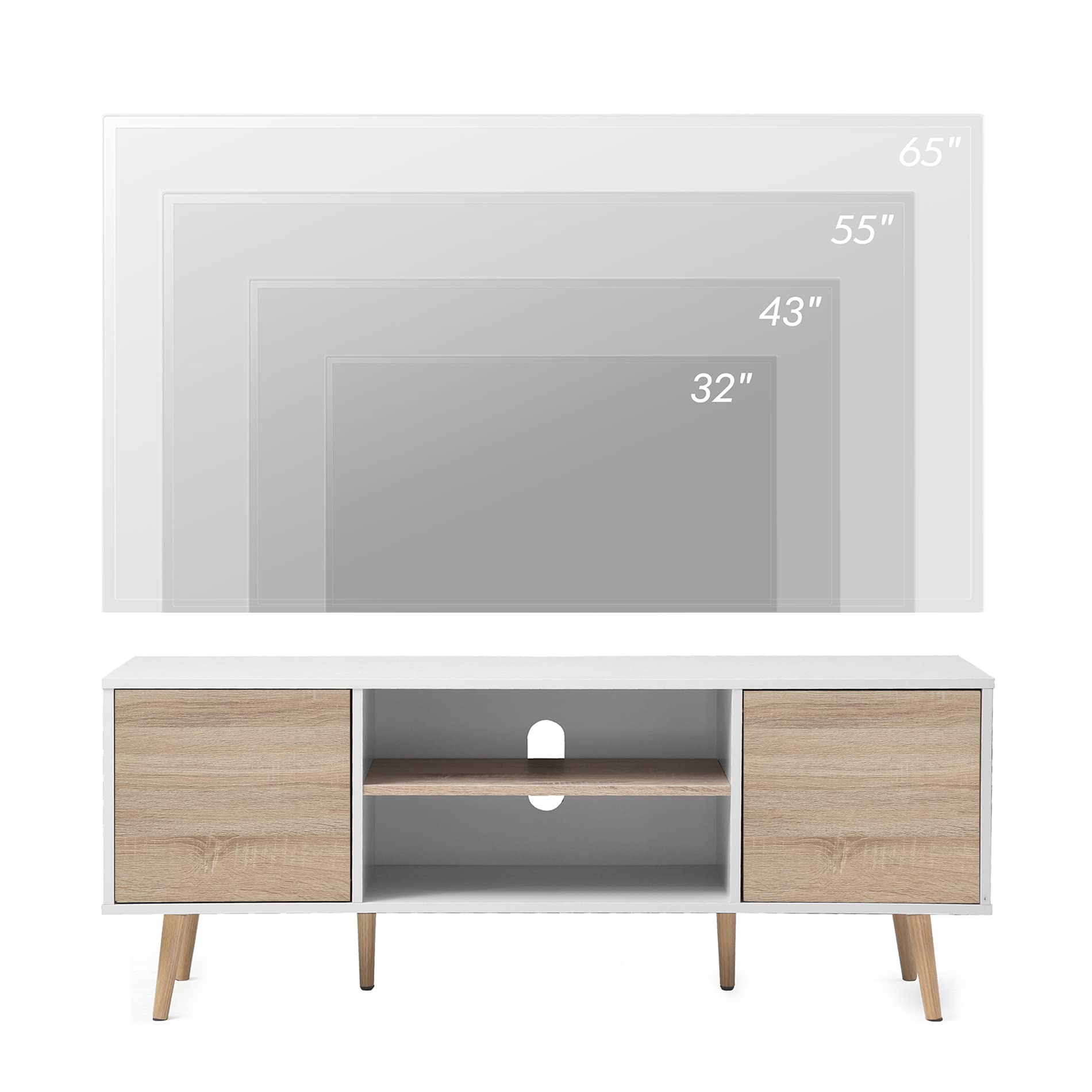 WAMPAT 60 Inch Mid-Century Modern TV Stand - Wood Media Console with Storage for Flat Screen TVs, White & Oak Entertainment Center - Perfect for Living Room, Bedroom & Home Theater Setup
