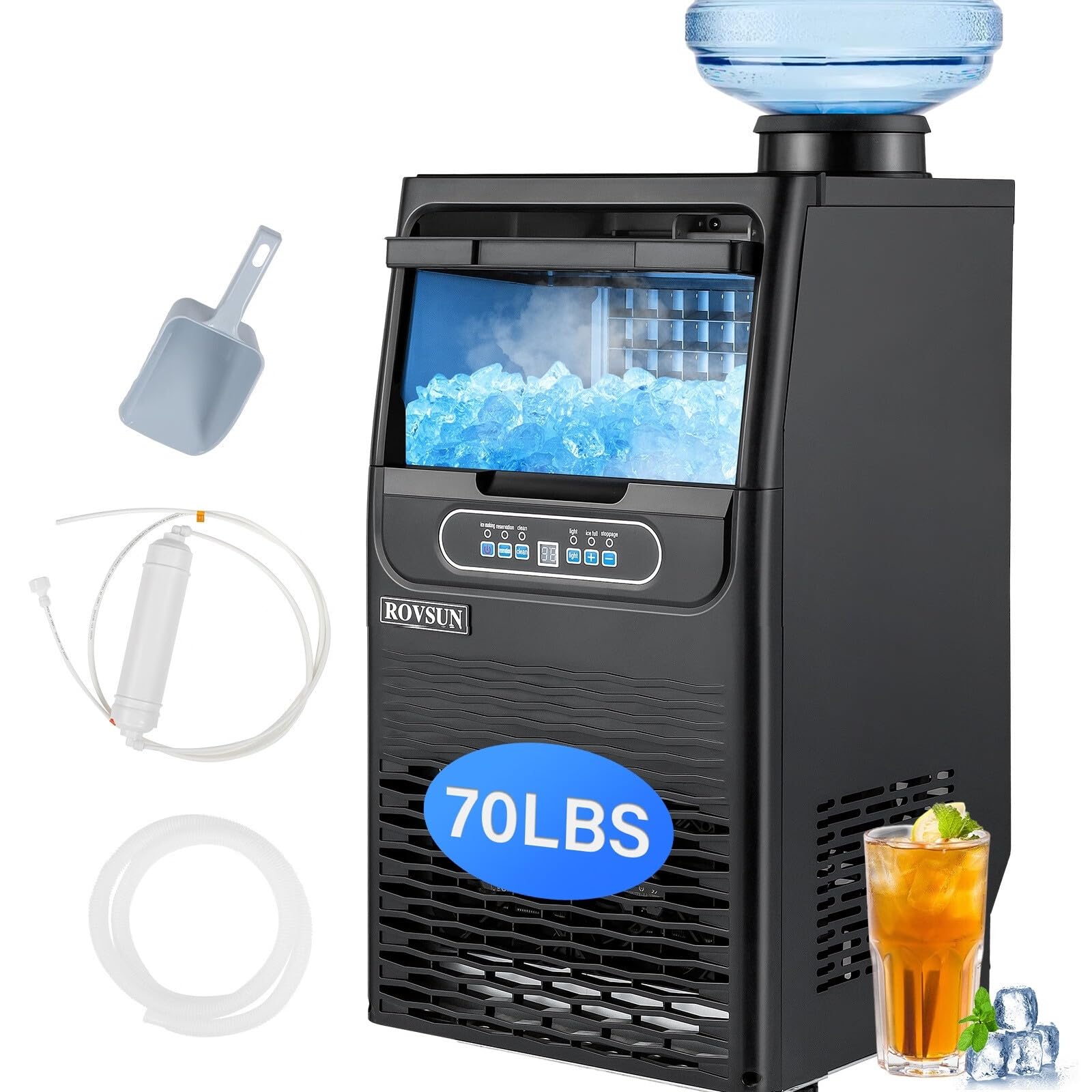 ROVSUN 24H Countertop Ice Maker - 70LBS Daily Output, 11LBS Storage Bin, 2 Water Inlets, Timer Function - Portable Ice Machine with Ice Scoop, Drain Pipe & Water Filter (Black) - Perfect for Home, Office, Party & Outdoor Use