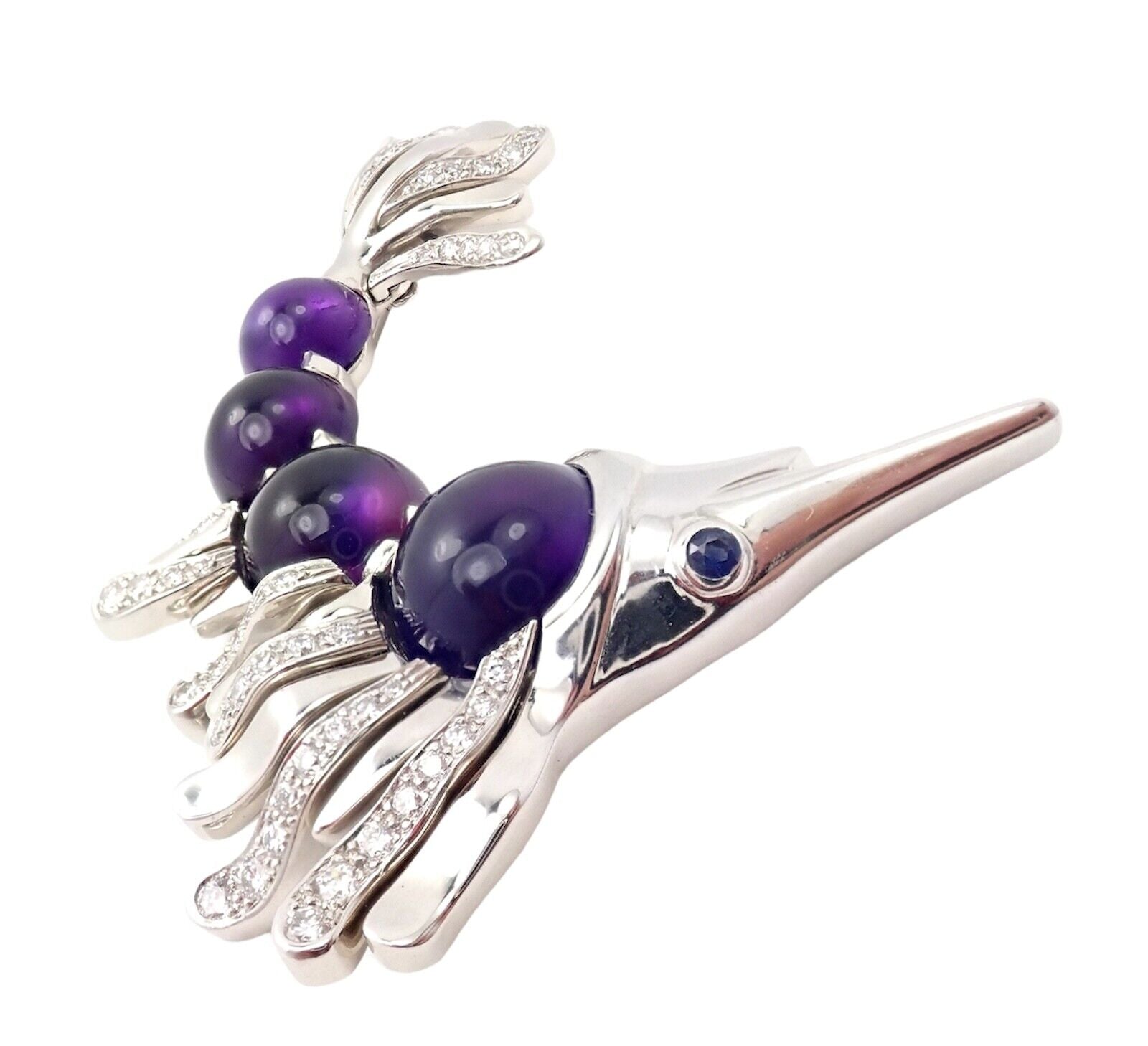 Chanel 18K White Gold Amethyst Diamond Miami Marlin Fish Brooch Pendant - Luxury Jewelry for Women, Elegant Gift for Special Occasions, Perfect for Parties and Formal Events