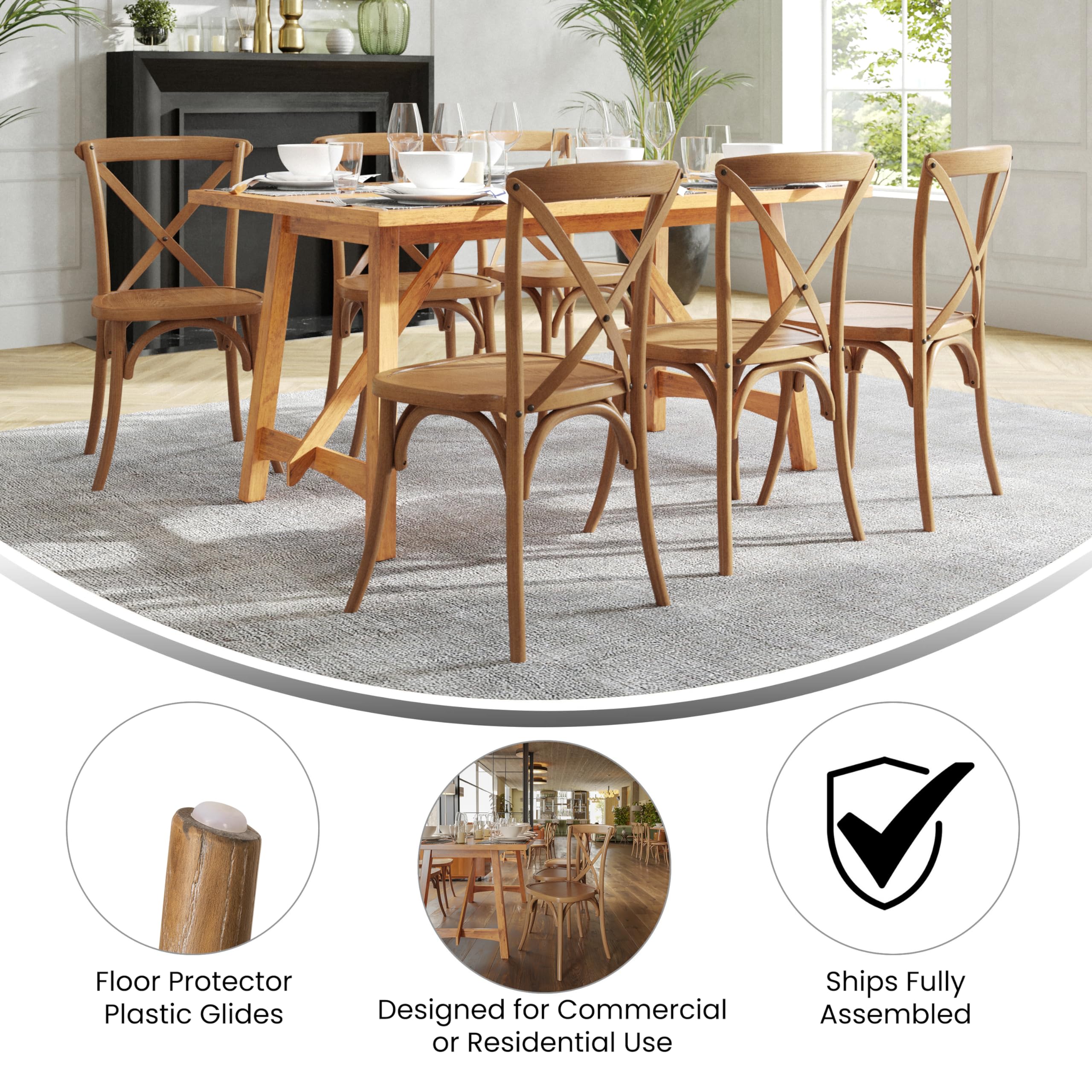 Stackable Pecan Wood Cross Back Chair - Durable & Comfortable Dining Chairs for Kitchen, Restaurant, and Outdoor Patio Use