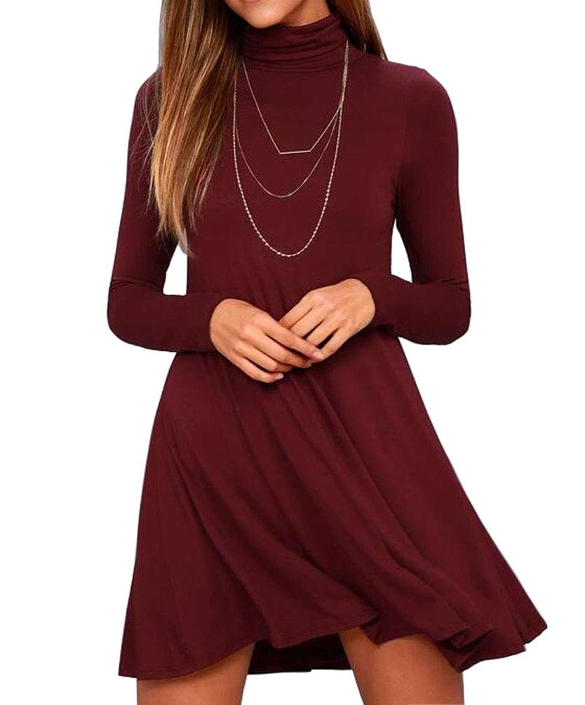 Women's Long Sleeve Turtleneck Casual Loose T-Shirt Dress - Comfortable Stretchy Soft Fabric for Everyday Wear, Work, and Weekend Outings