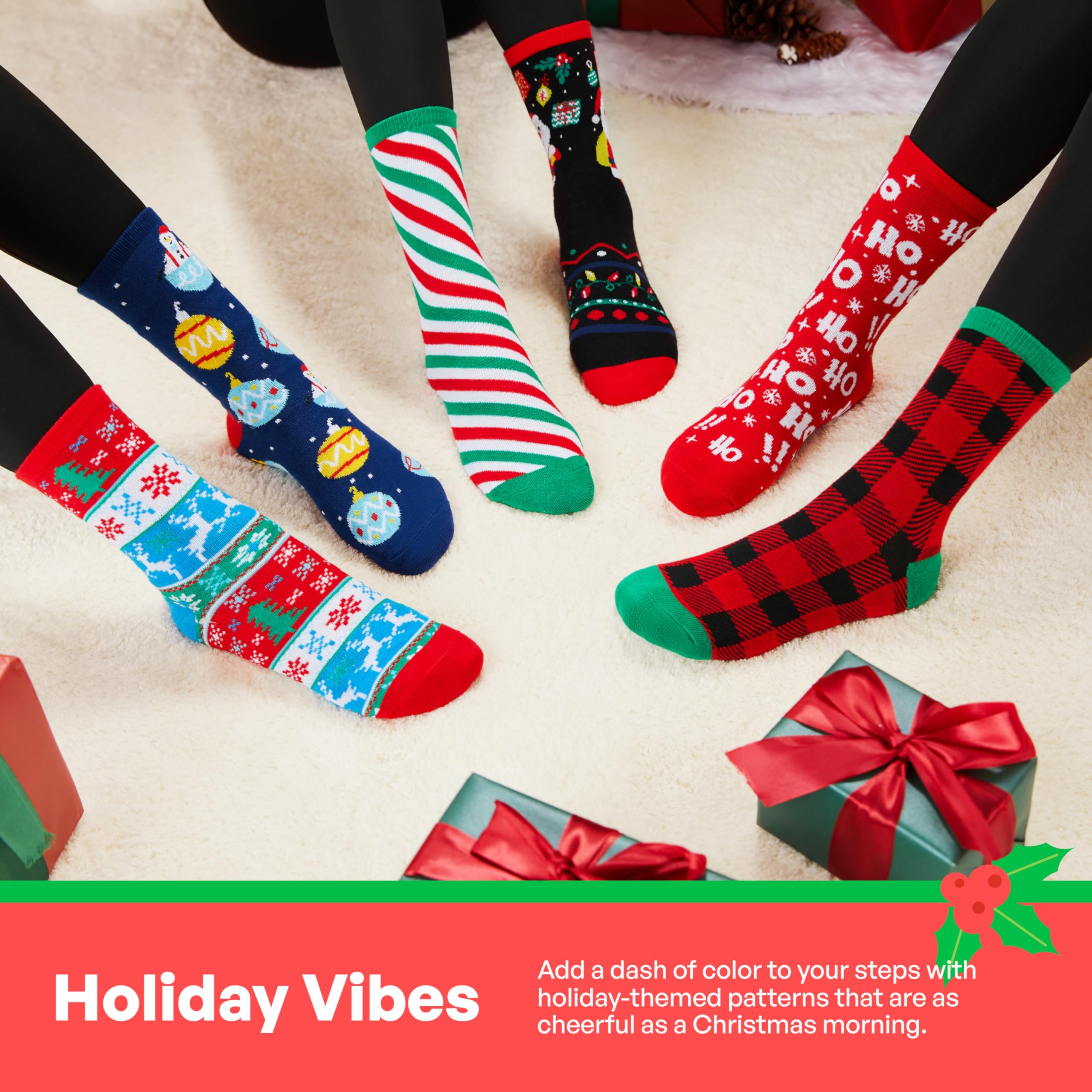 6 Pairs Women's Christmas Socks - Warm Cotton Holiday Crew Socks with HO Plaid Design | Perfect for Winter, Christmas Parties, Gift Exchanges & Cozy Home Celebrations