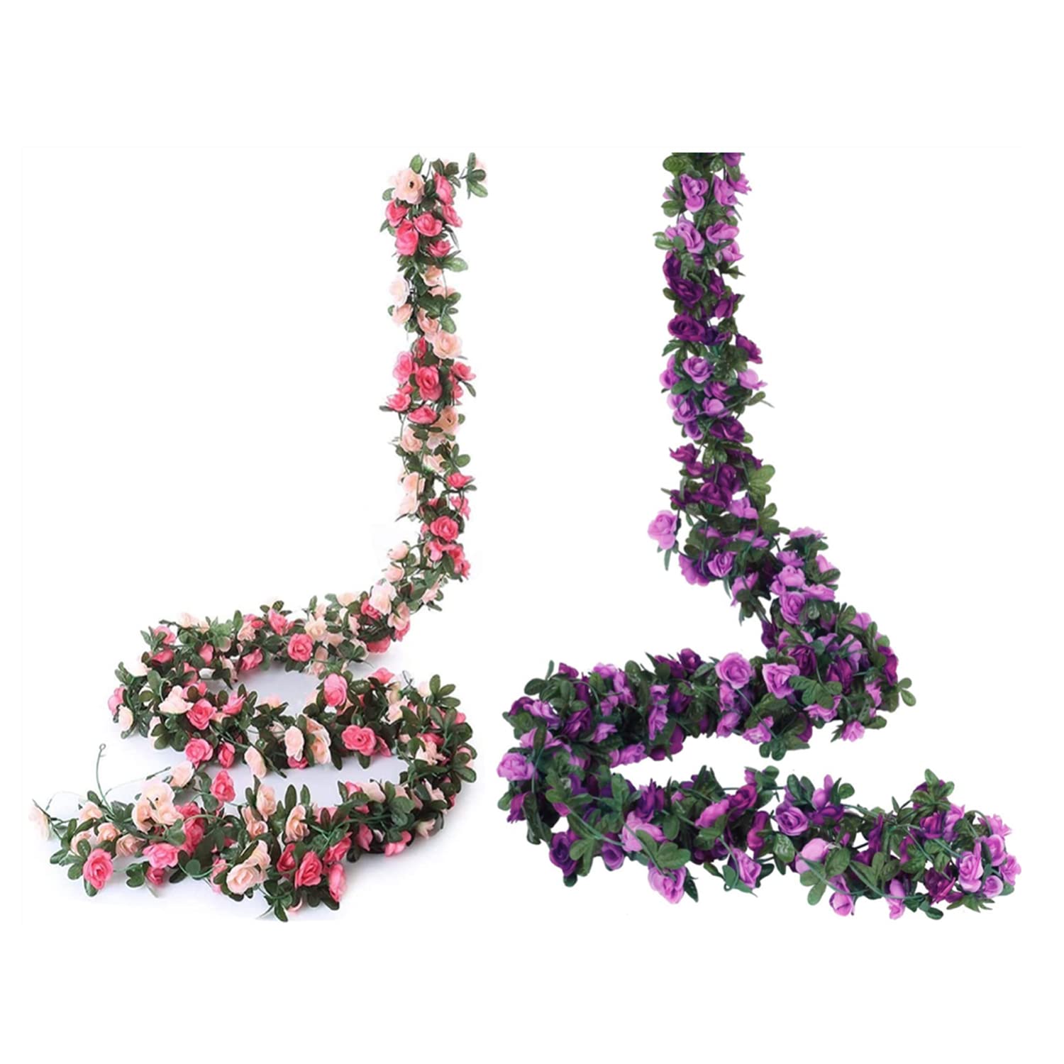 Miracliy 5 Pack 41 FT Artificial Rose Vine Flowers - Fake Hanging Ivy Plants for Home, Hotel, Office, Wedding, Party & Garden Decor (Pink, Purple) - Perfect for Wall, Fence, Balcony & DIY Craft Projects
