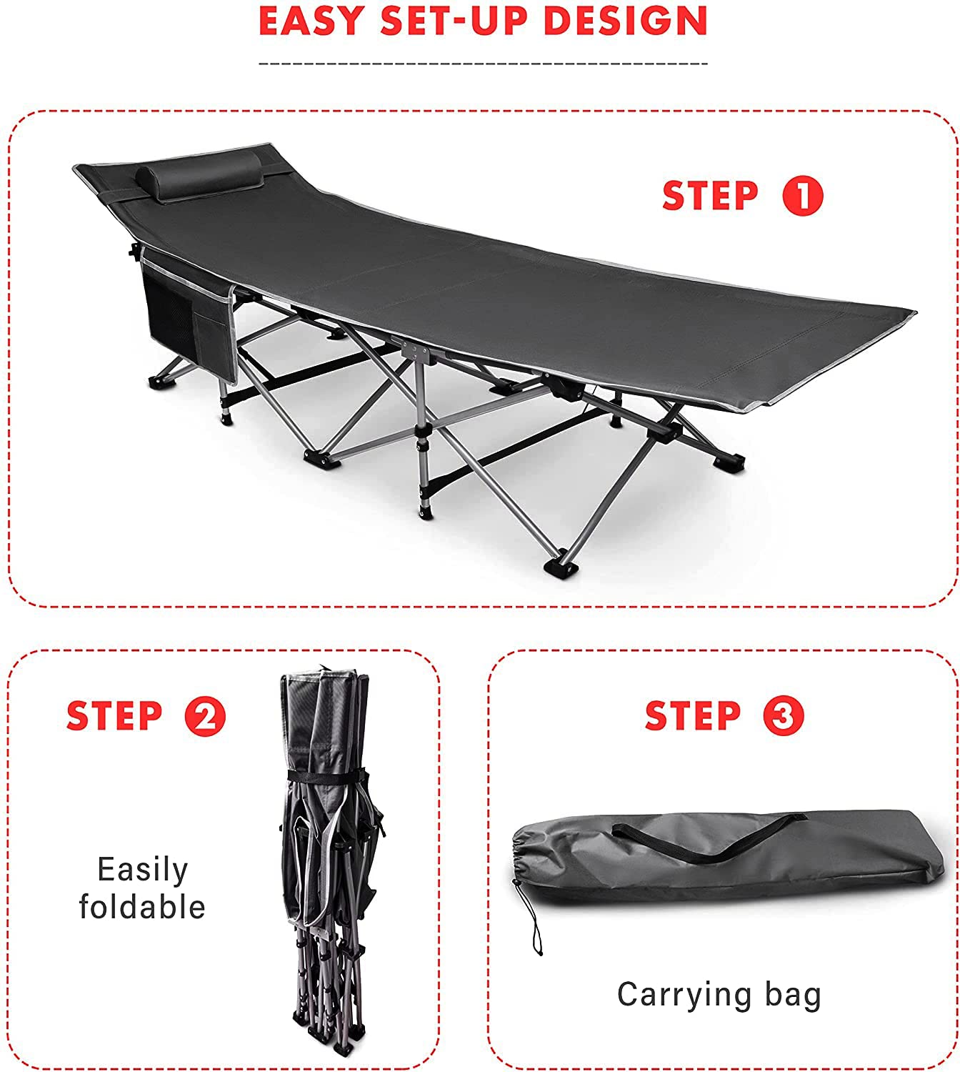 VaygWay Lightweight Folding Camping Cot - Portable Heavy Duty Travel Bed for Adults & Kids with Storage Pocket - Grey Compact Sleeping Cot for Outdoor Hiking, Backpacking, Beach Trips and Emergency Preparedness (1 Pack)