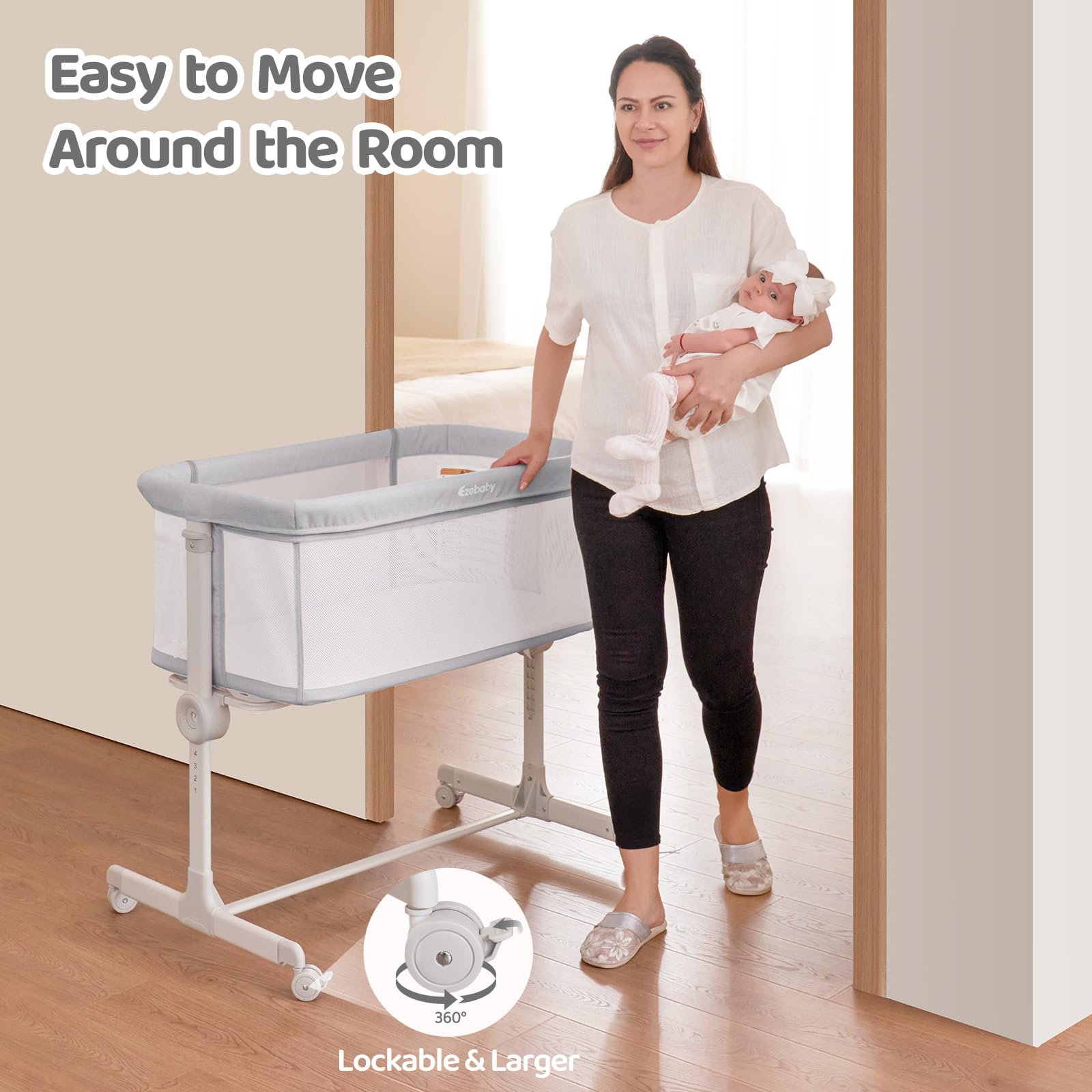 Ezebaby Portable Adjustable Baby Bassinet Bedside Sleeper - 7 Height Settings, Breathable Mesh Sides with Included Mattress & Sheet | Perfect for Newborns & Infants | Ideal for Nursery, Bedroom & Travel Use