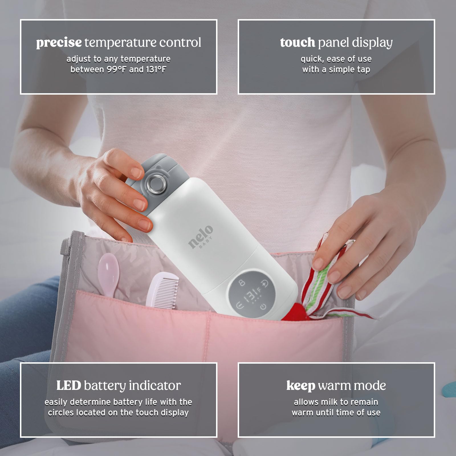 NELO 16oz Portable Milk Warmer - Fast Heating & Charging, Cordless Baby Bottle Warmer for Formula, Breastmilk & Water with Temperature Display | BPA-Free | Ideal for Travel, Nursing Moms & On-the-Go Use