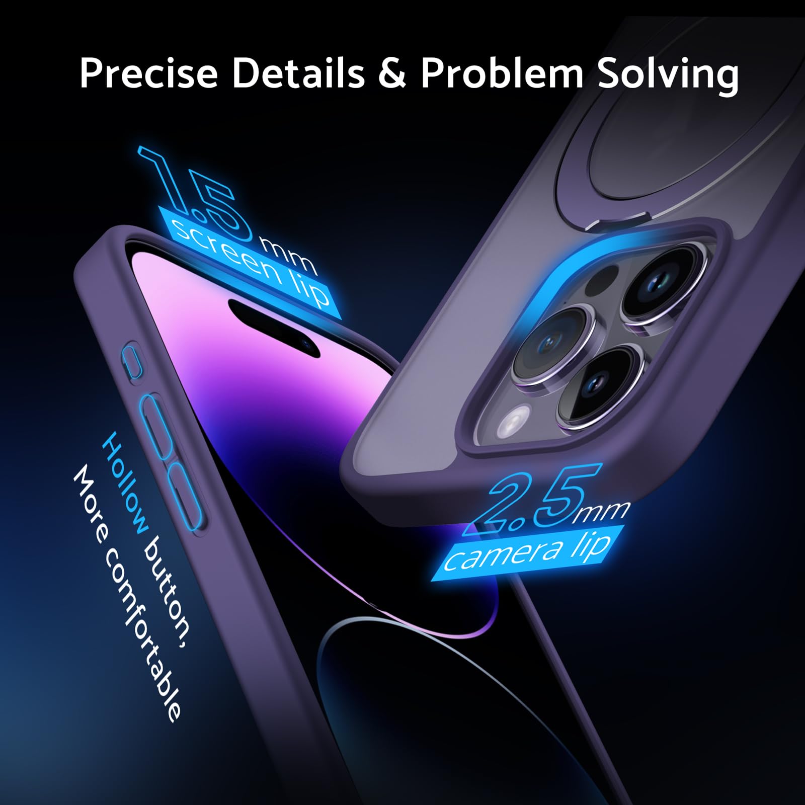 DASFOND Mag-Stand iPhone 15 Pro Case - 2023 Upgraded All-in-1 Magsafe Compatible with Invisible Ring Kickstand, Matte Transparent Protective Cover (Purple) - Perfect for Work, Travel & Everyday Use