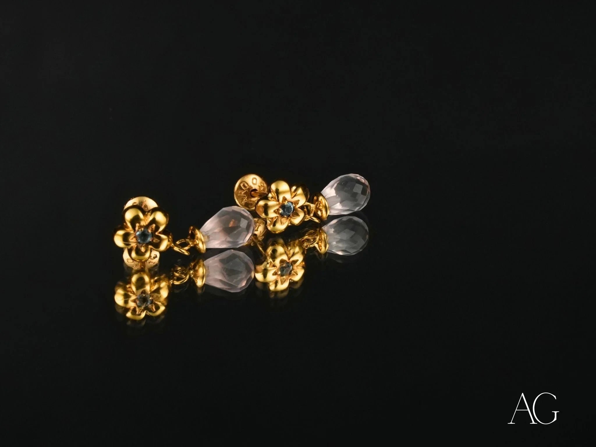 18K Gold Flower CZ & Crystal Drop Earrings - Elegant Petal Drops for Women | Perfect for Weddings, Parties & Special Occasions