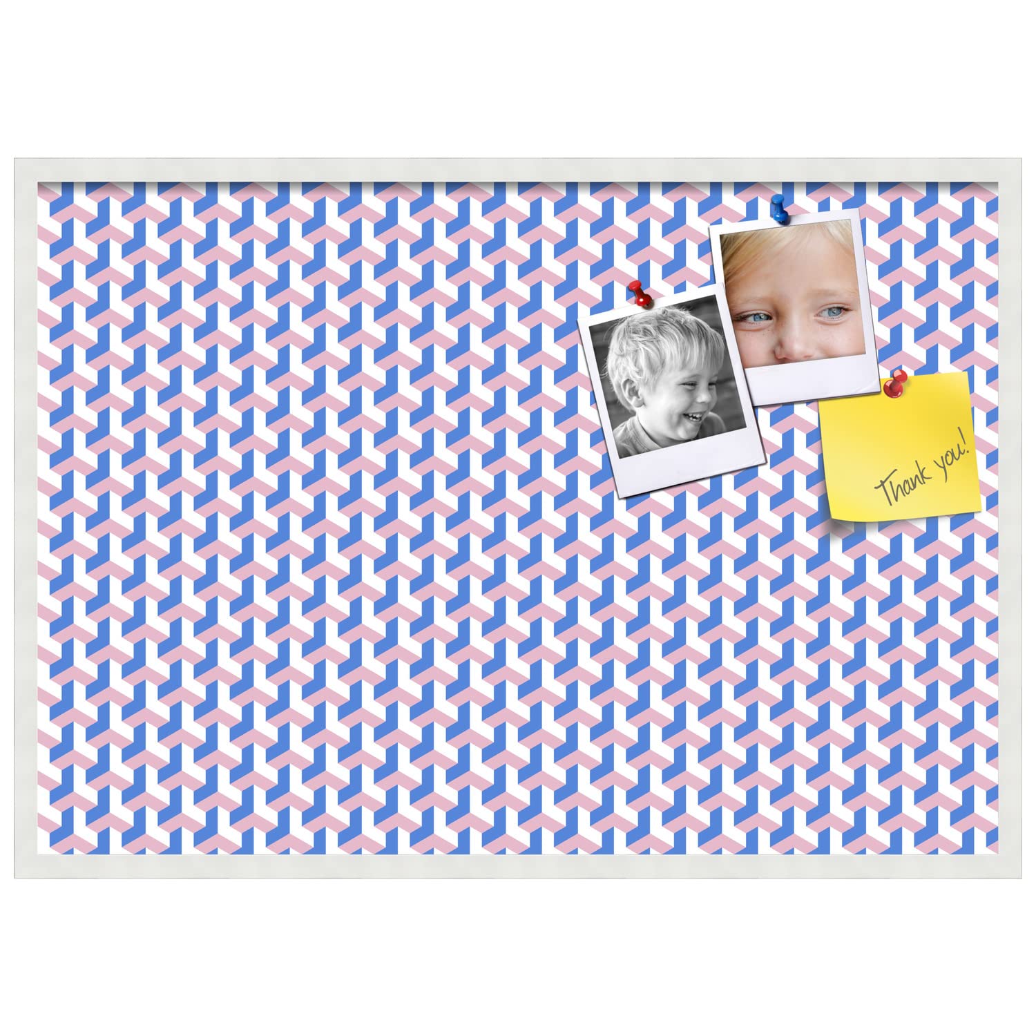 PinPix 40x28 Inch Cork Bulletin Board with Blue Pink Design & White Frame - Decorative Framed Pin Board for Home Office School Decor - Perfect for Notes, Photos, Reminders & Wall Organization