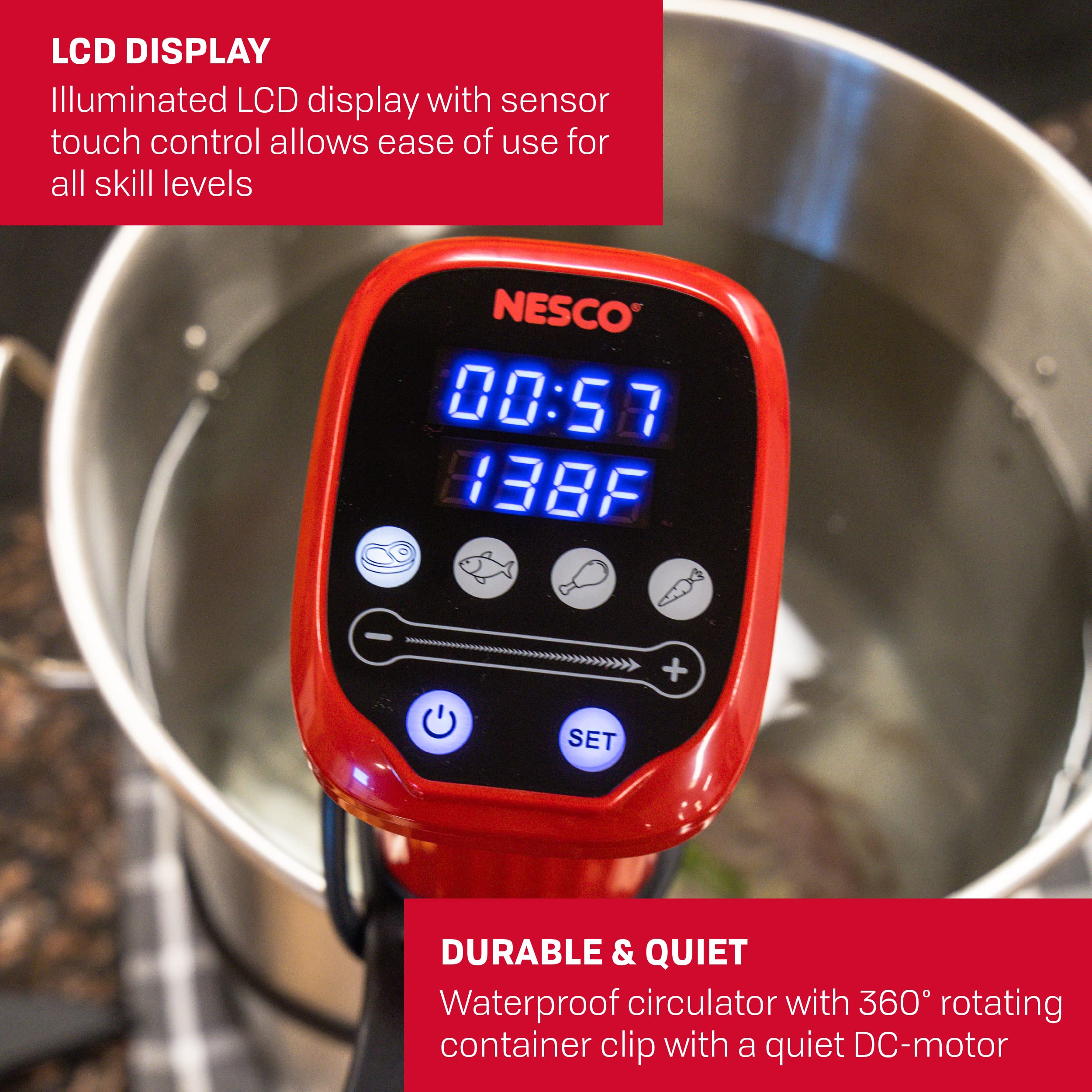 Nesco SVC-1000 Sous Vide Precision Cooker - 1000W Digital Immersion Circulator with LED Display & 10 Preset Programs for Perfect Steak, Salmon, Chicken Breast & Vegetables (Red & Black) - Ideal for Home Chefs, Meal Prep & Restaurant-Style Cooking